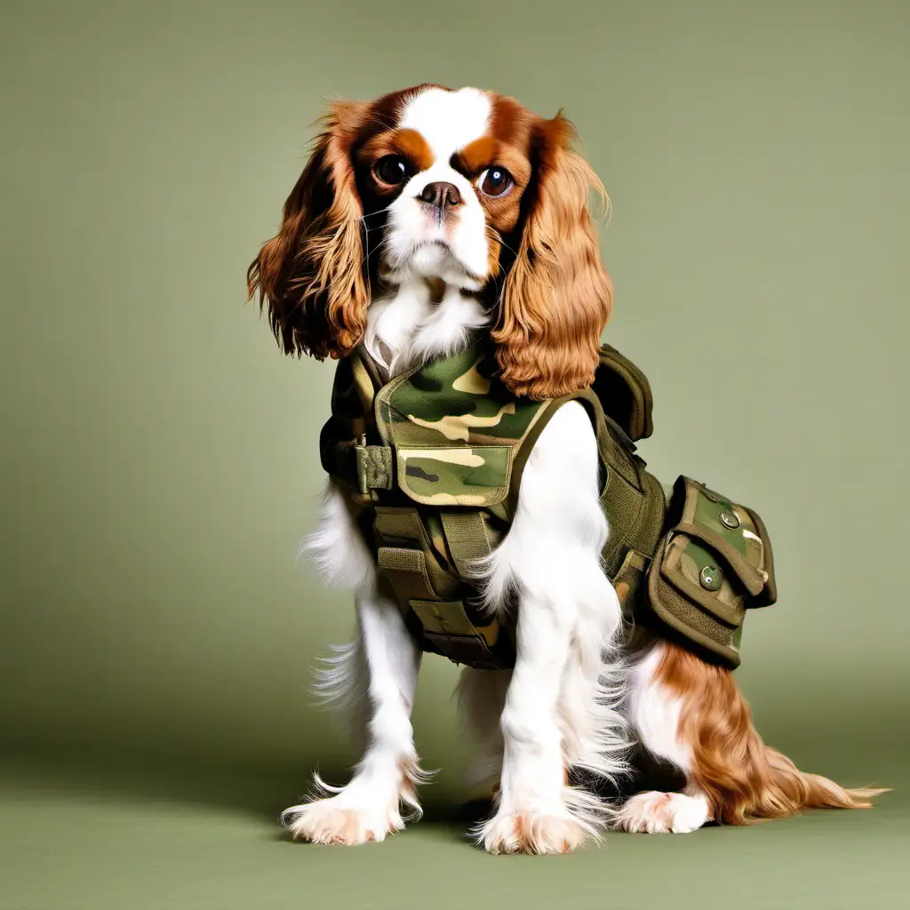 light brown fur King Charles Spaniel as an Army dog in a vest
