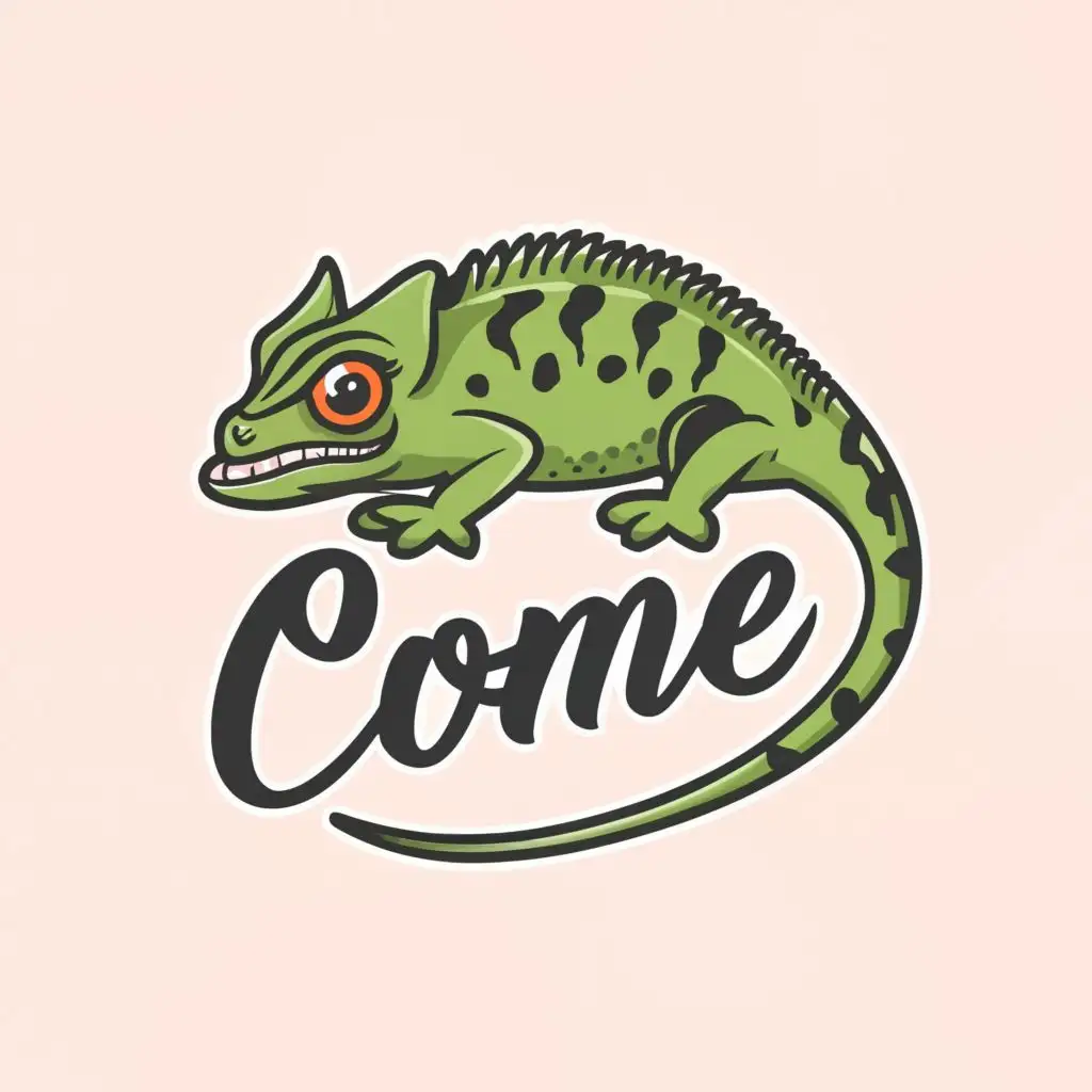 logo, chameleon cute angry, with the text "Come", typography