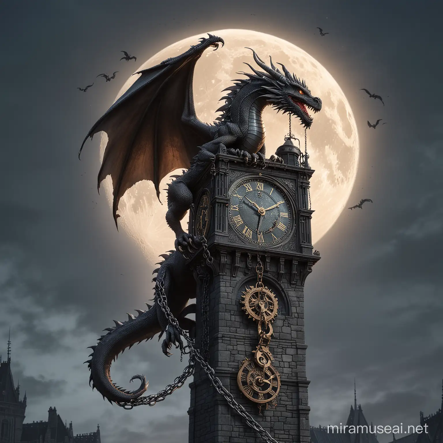 Dragon climbing clock tower with broken chains on paws and moon on the background