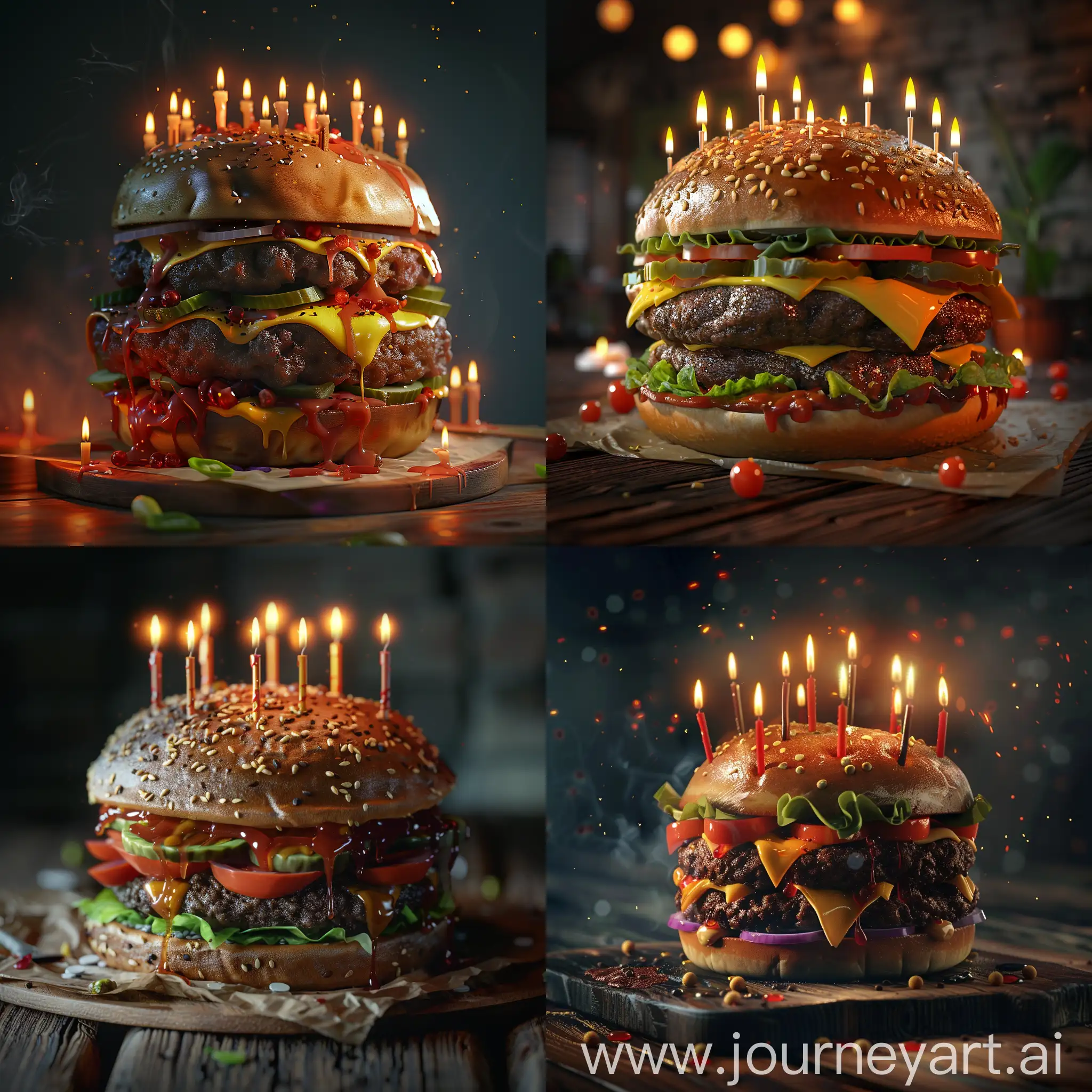 A big burger with candles stuck in it :: 3D animation