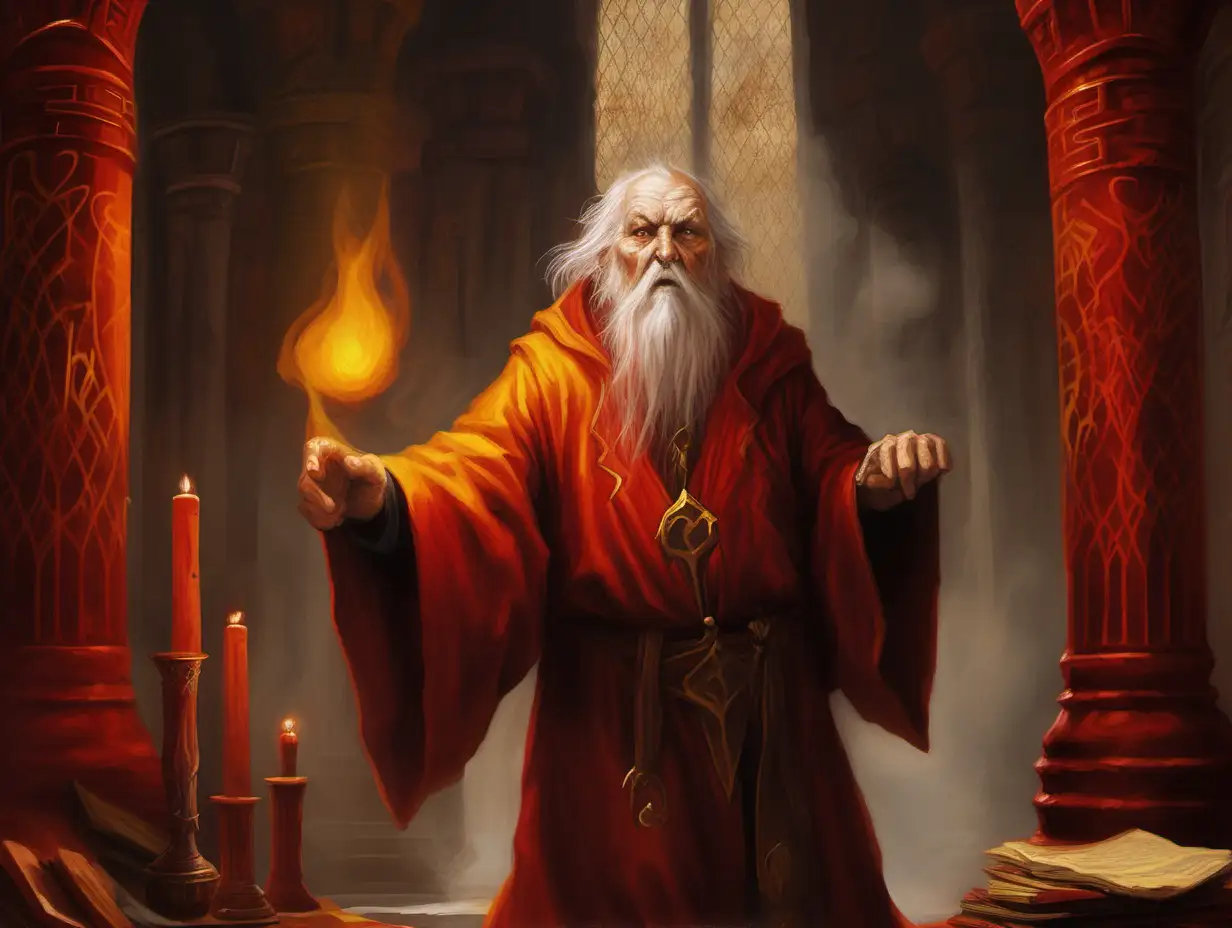 old man, wizard, no hat, short tidy beard, orange red yellow, dark temple interior, hostile, casting spell, Medieval fantasy painting, MtG art