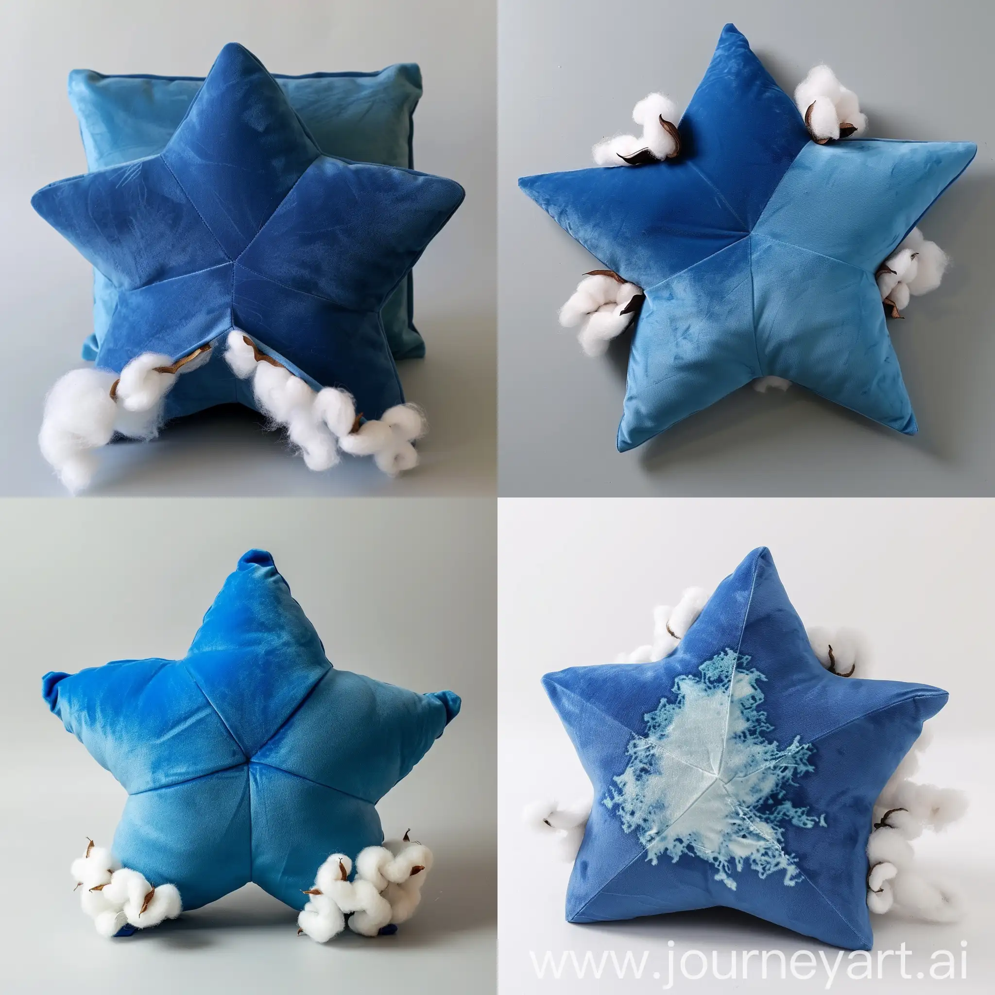 A blue pillow in the shape of a six-pointed star, split and white cotton emerging from it
