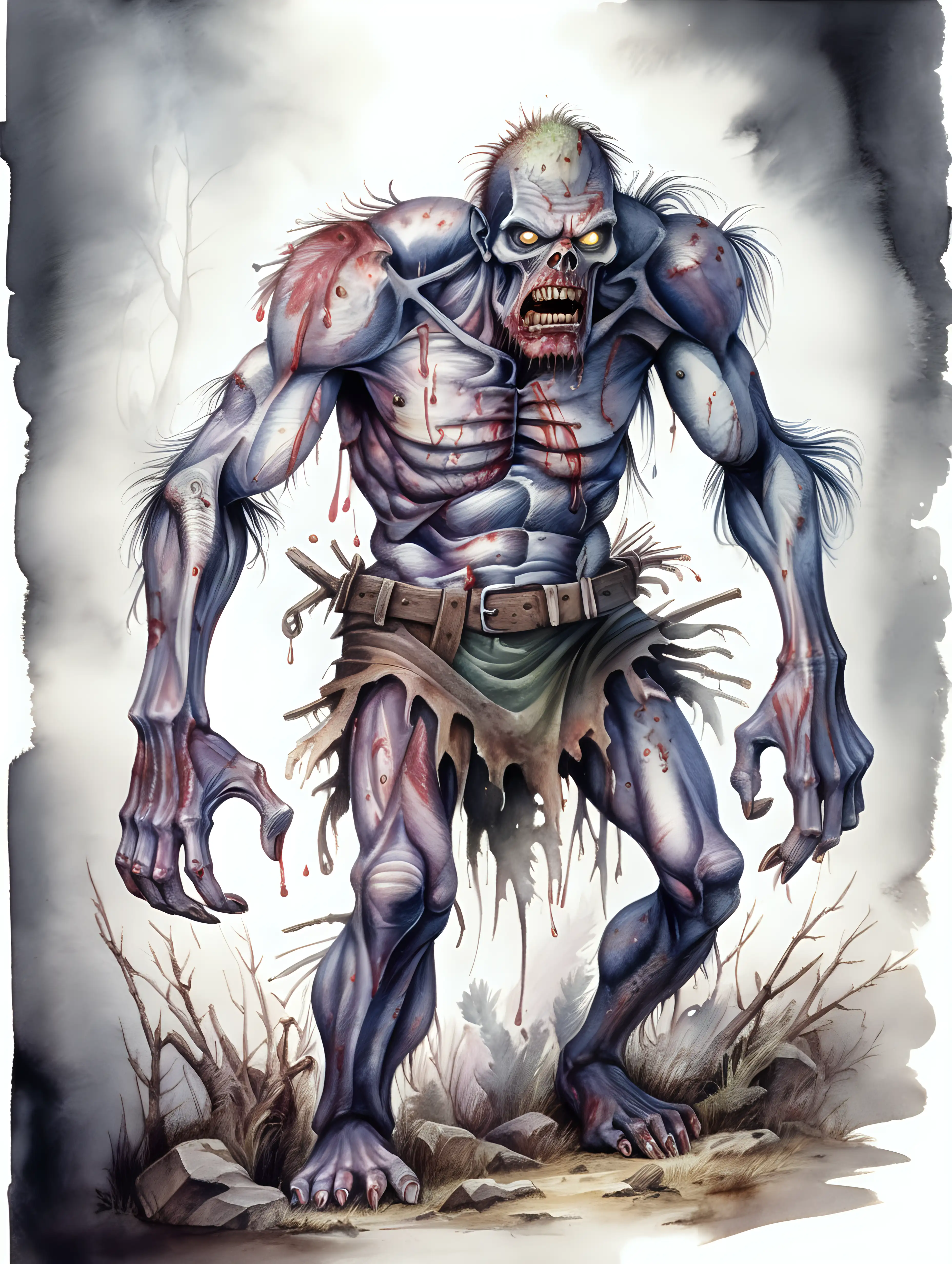 fantasy greater zombie lumbering, dark watercolor drawing, no background