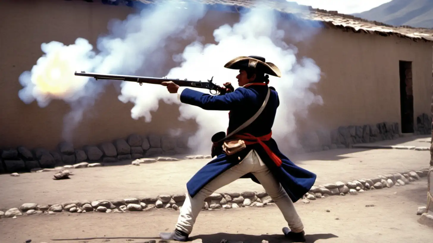 mid shot of man firing his musket rifle during the Battle of Ayacucho, Peru 1822 