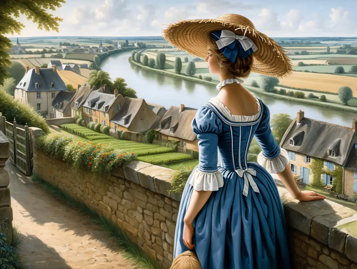 painting of a young woman in an 18th century gardening dress and bergere straw hat looking from a terrace out over a village, a river, the farmlands of Normandy