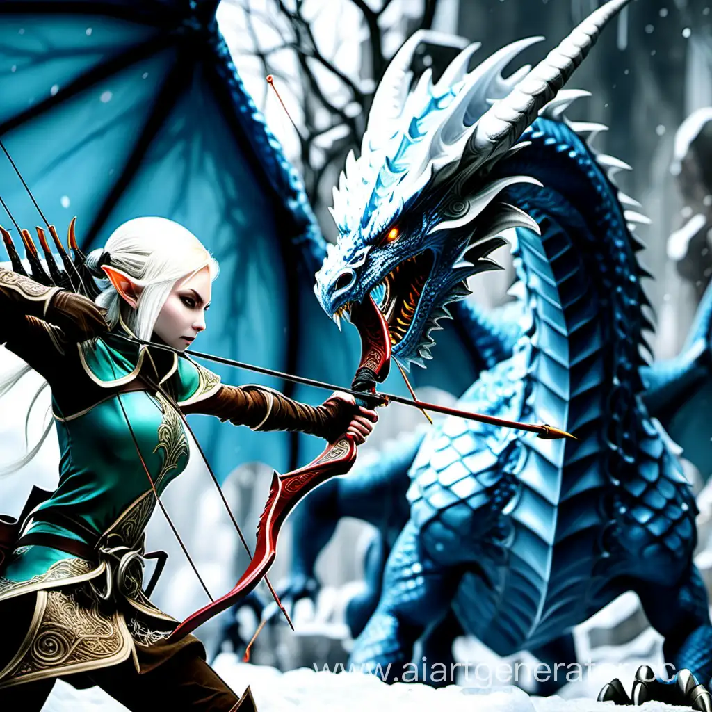 Лучница эльфийка сражается против морозного дракона по мотивам игры Dragon Nest