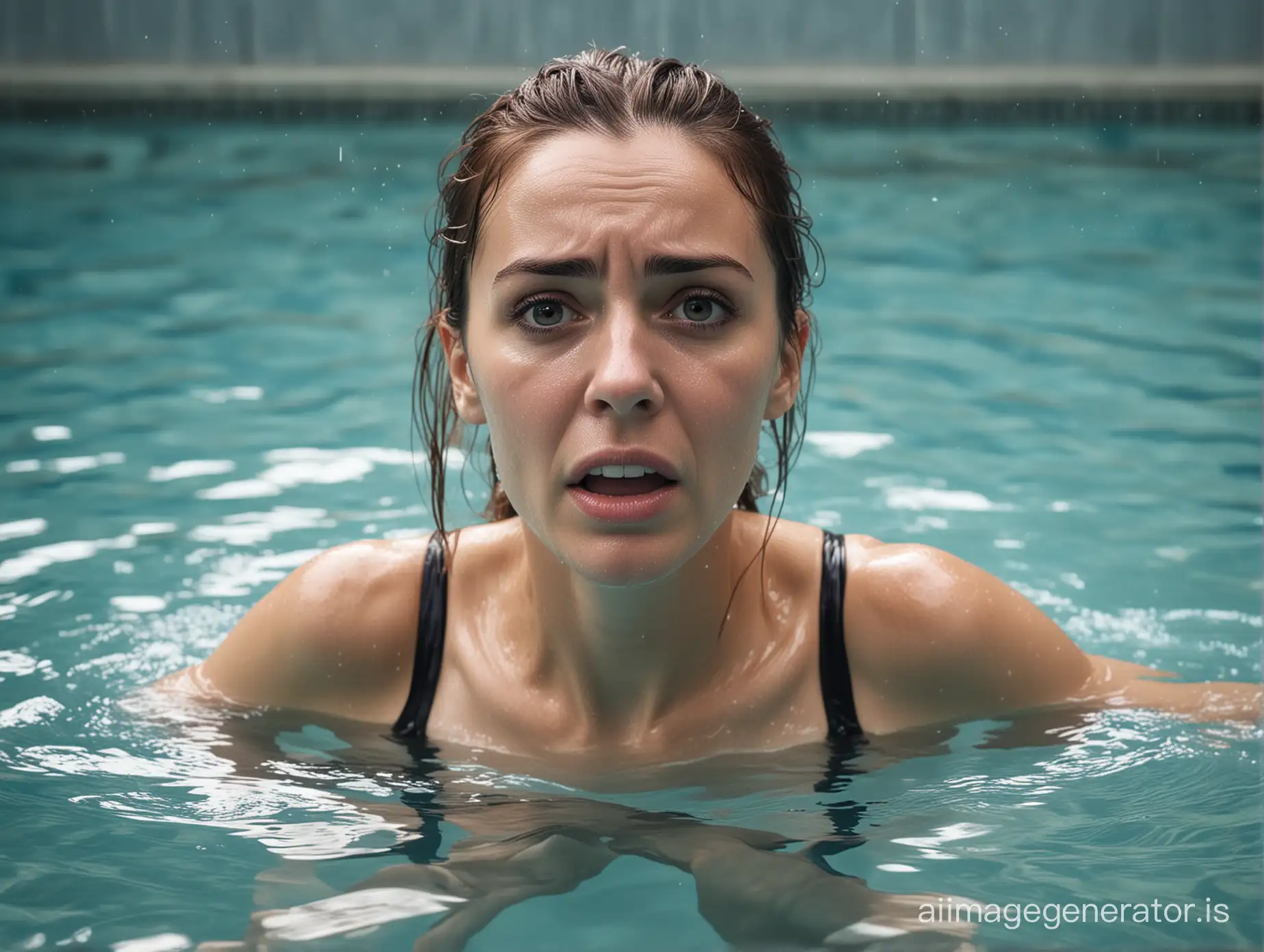 Scared Woman struggling in deep swimming pool.The water is crackling.