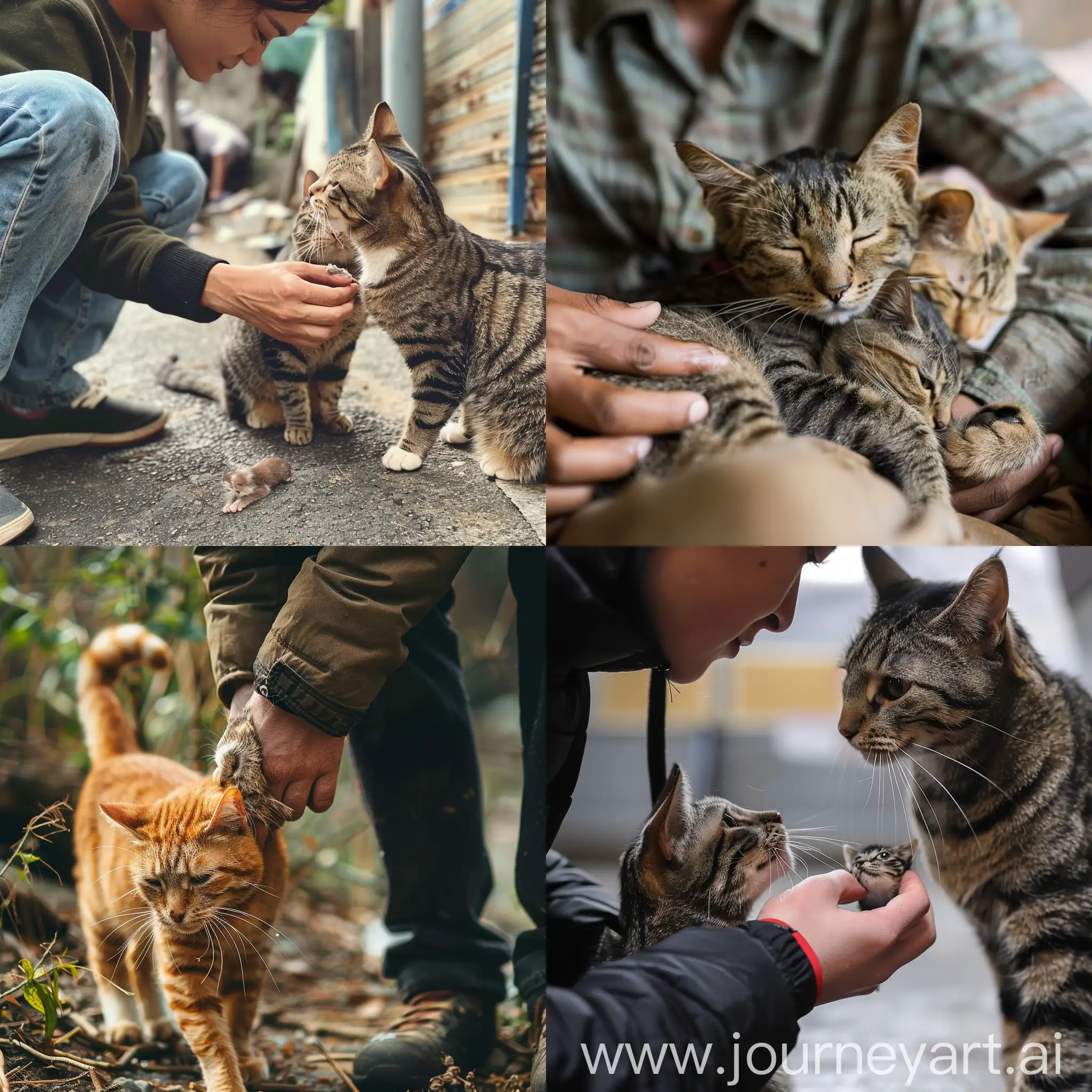 一个人和他的宠物猫一起救起一只流浪猫