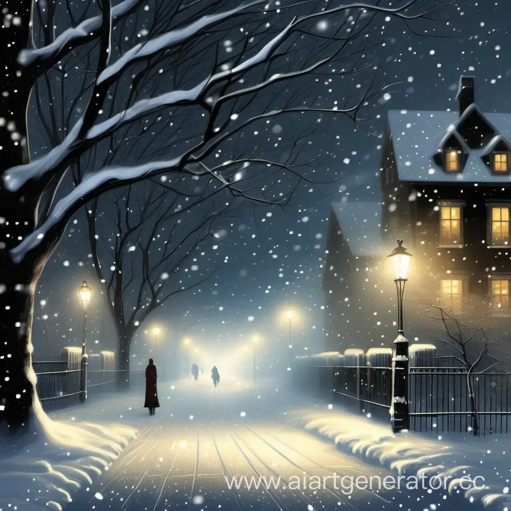 寒冷的冬夜，下起了纷纷扬扬的大雪。灯火阑珊处，雪花在灯光的映照下闪闪发光，如梦似幻。这样的美景让人沉醉其中，仿佛可以治愈一切忧愁。