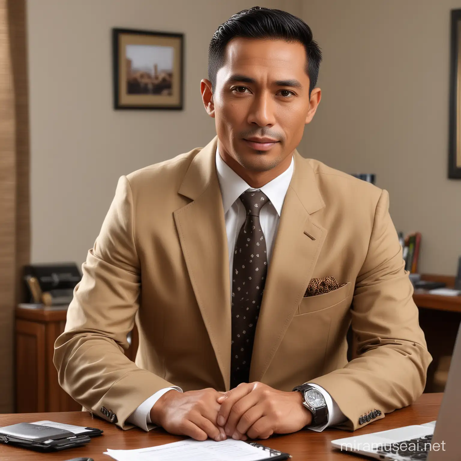Closeup 4k, Best quality, masterpiece, ultra high res, perfect lighting, (realistic, photo-realistic:1.4), office room background, indonesian handsome male, 40 years old, clean face, sitting, wearing light brown safari suit, laptop on table , table office with office cupboard, acurrate image