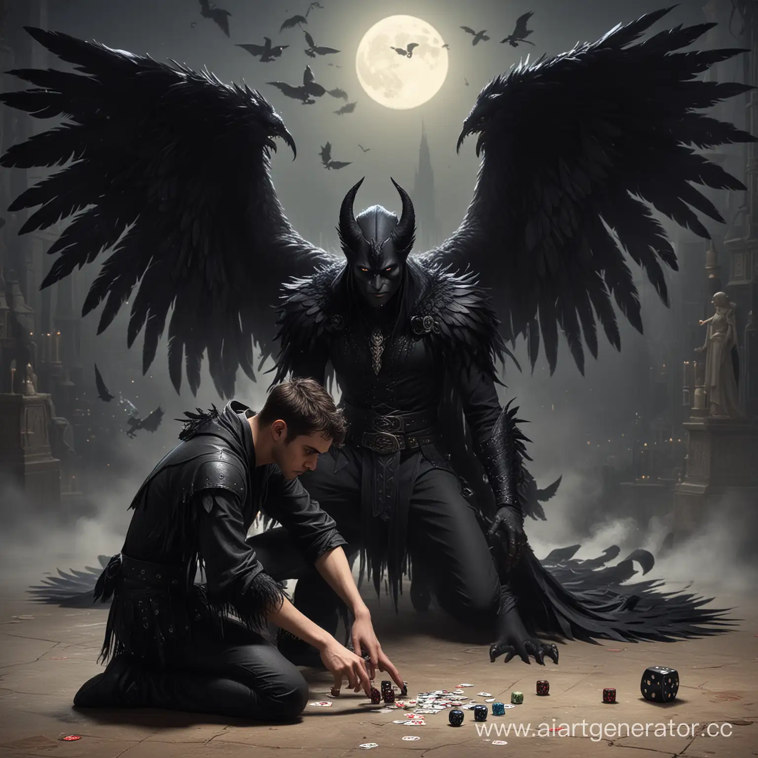 Night time. Young, male demon with black, feathered wings. Wearing thin, black clothing. Kneeling in front of a man rolling dice 