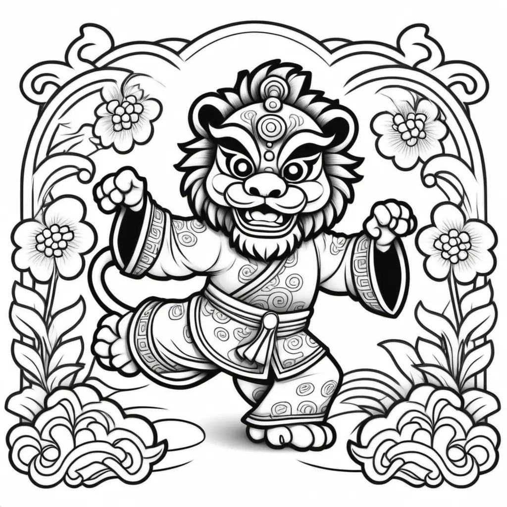 kids colouring book page, lunar new year, lion dance, cartoon style, no shading