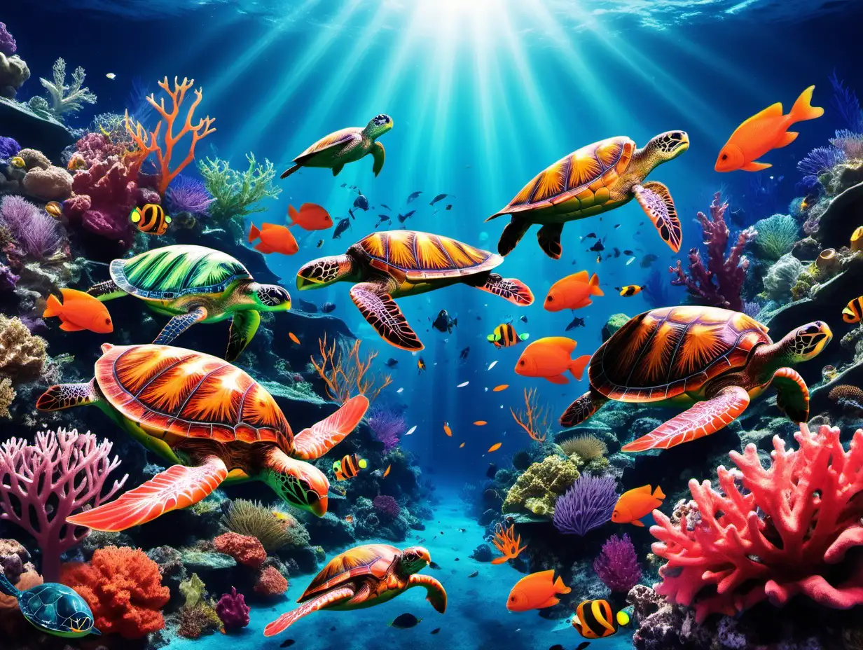 create a colorful underwater scene with fish, turtles, and vibrant coral reefs