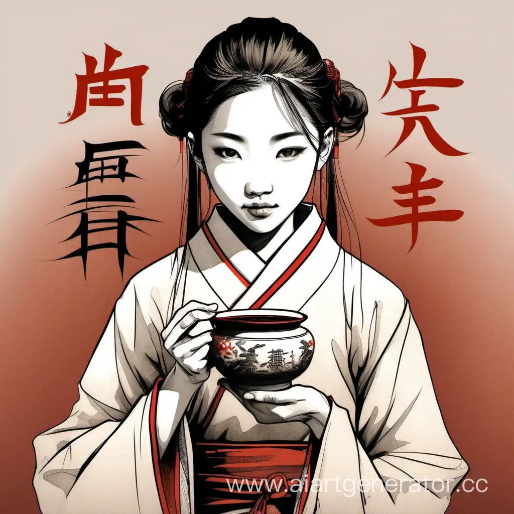  девушка студентка китаянка держит пиалу с чаем нарисованная в китайской графике тушью с коричневыми и красными элементами