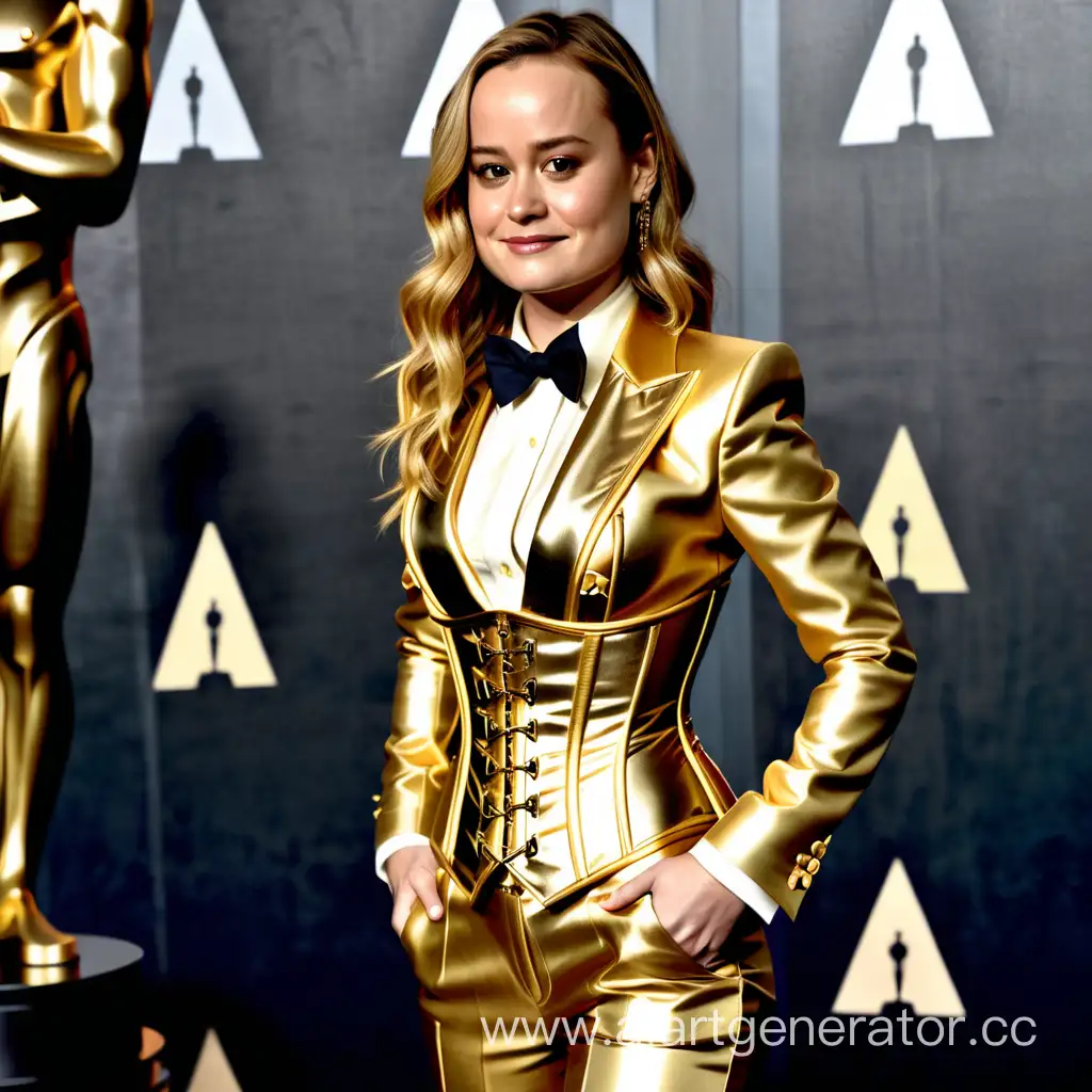 brie larson wearing a suit of gold, extreme hourglass figure corset