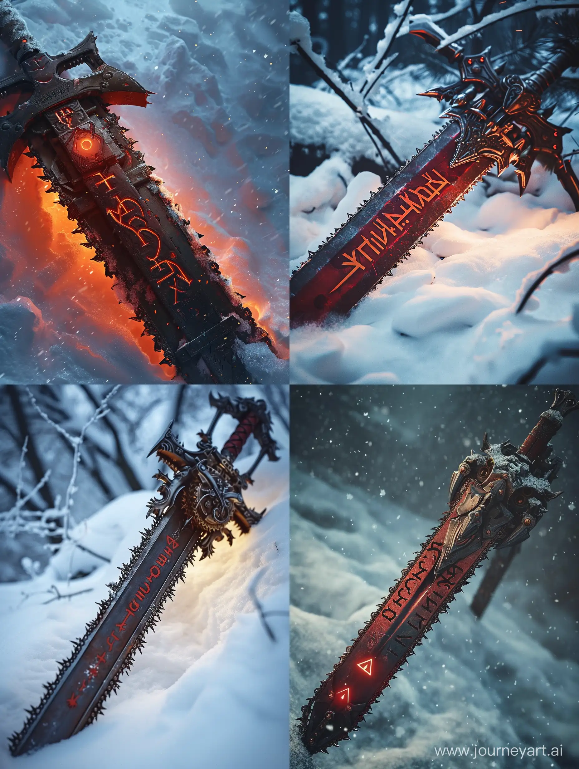 red queen sword with engine,with chainsaw blades,runic letters curving on it,intricate curving,snow,steampunk.incredible detail,warm light,terrifying.