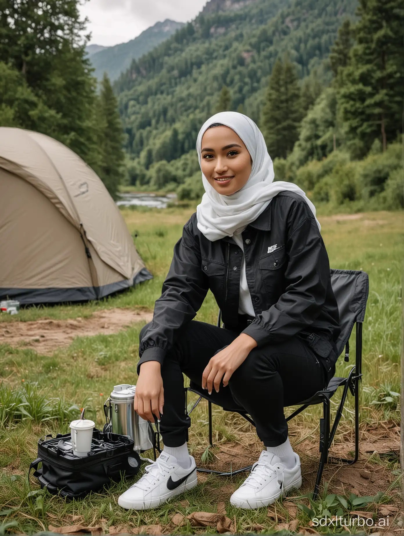 the beautiful Indonesian women wearing a Hijab has a cleen face, wearing a black trucker jacket, black pants and white shoes nike. sit on a portabel folding chair in front of the tent. Next to him was a cup of bot coffe and thermos of hot water placed on portabel folding tabel. it is location on the banks of the American river and the surrounding grass is very green and fresh, with a backdrop of high forested mountains in. white cloud in the sky, minimal light, ultra HD, original photo, high detail, ultra sharp, 18mm lens, realistic, photography, leica camera.