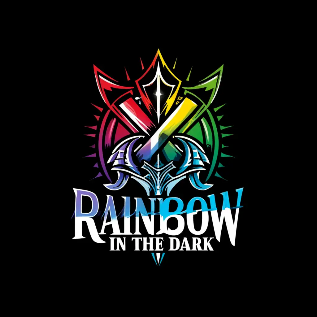 a logo design,with the text 'Rainbow in the Dark', main symbol:sword, Rainbow, class, darkness, power, magic, d&d, madieval, d20,complex,clear background