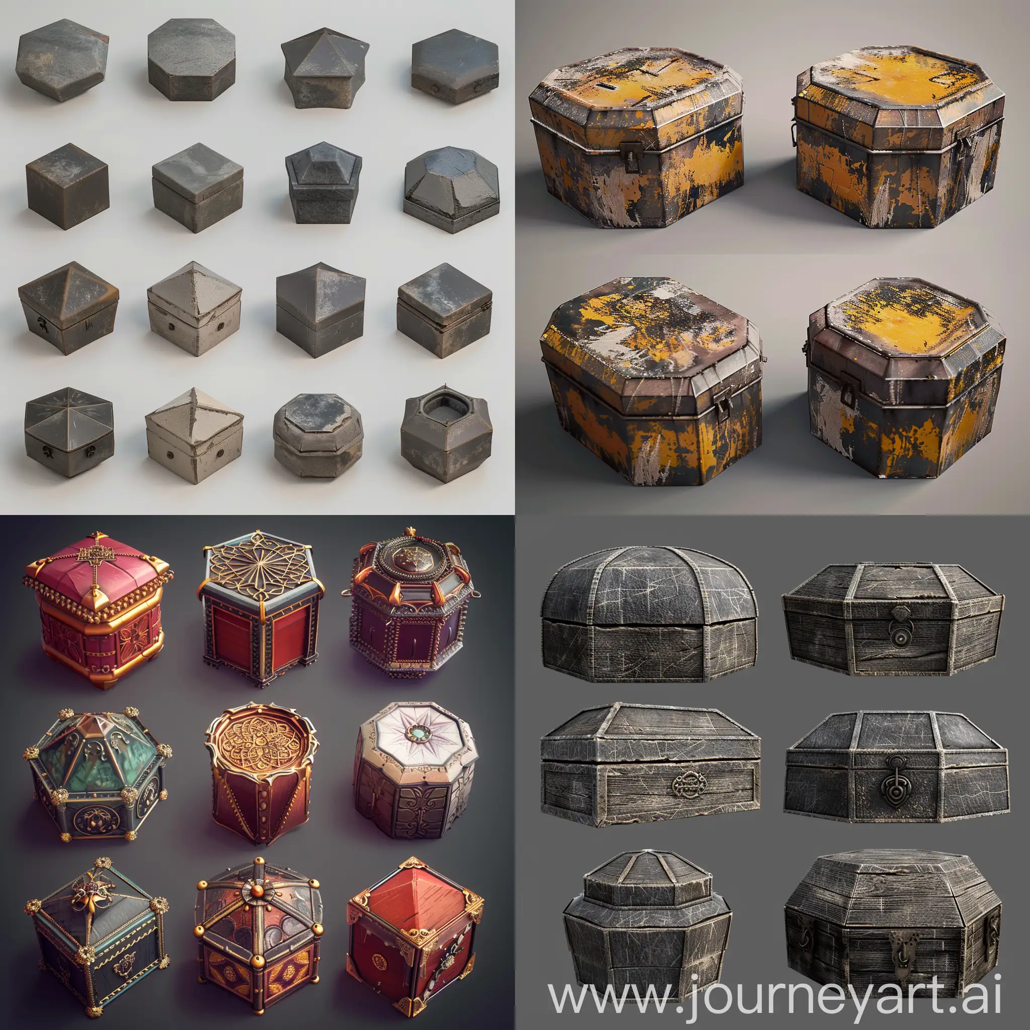 realistic photo of isometric set of worn pentagon jewelry boxes in style of unreal engine 5 3d asset, isometric set, side view --chaos 20