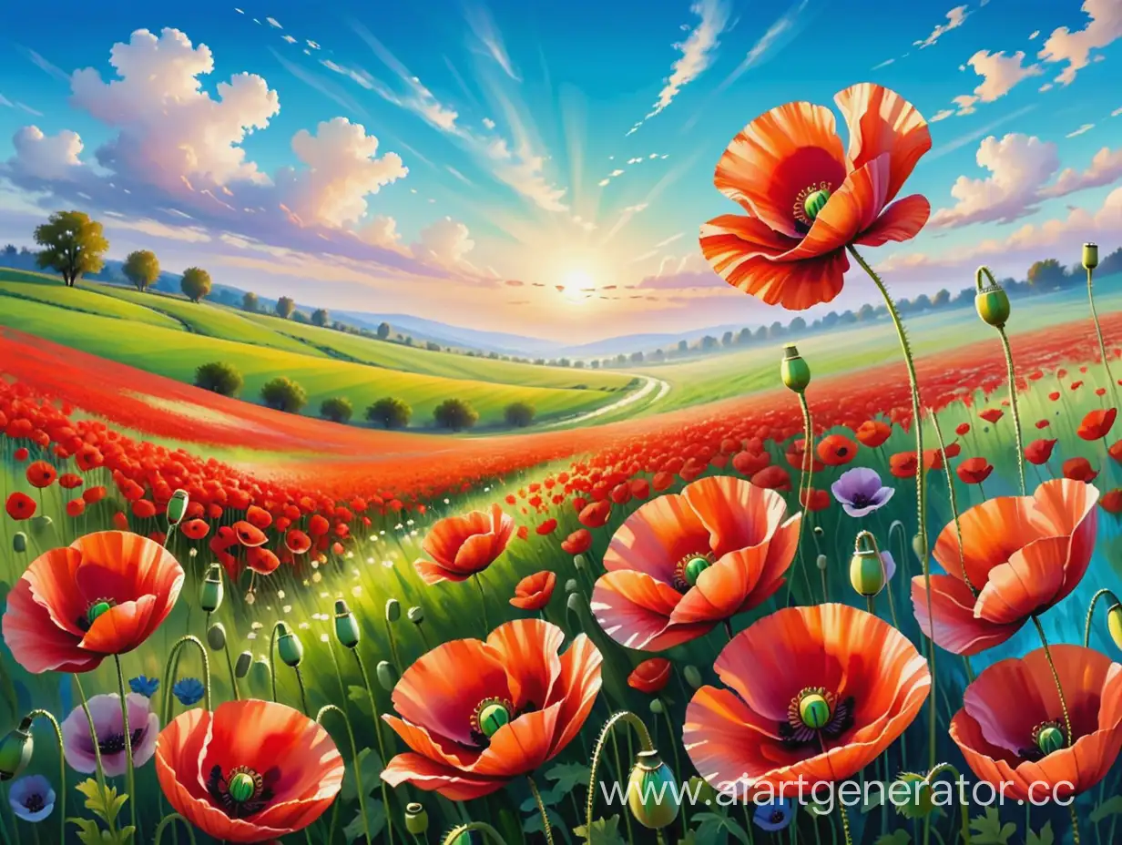 imagine an image of poppy flowers in a field on a background of blue sky and a green meadow with poppy flowers painting