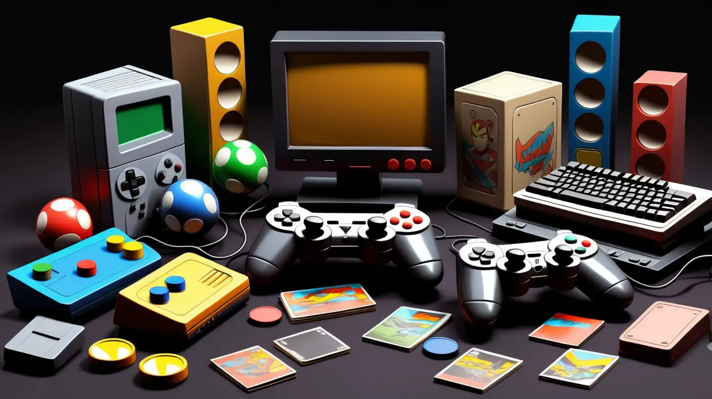 Comic Style Gaming Equipment on Black Background