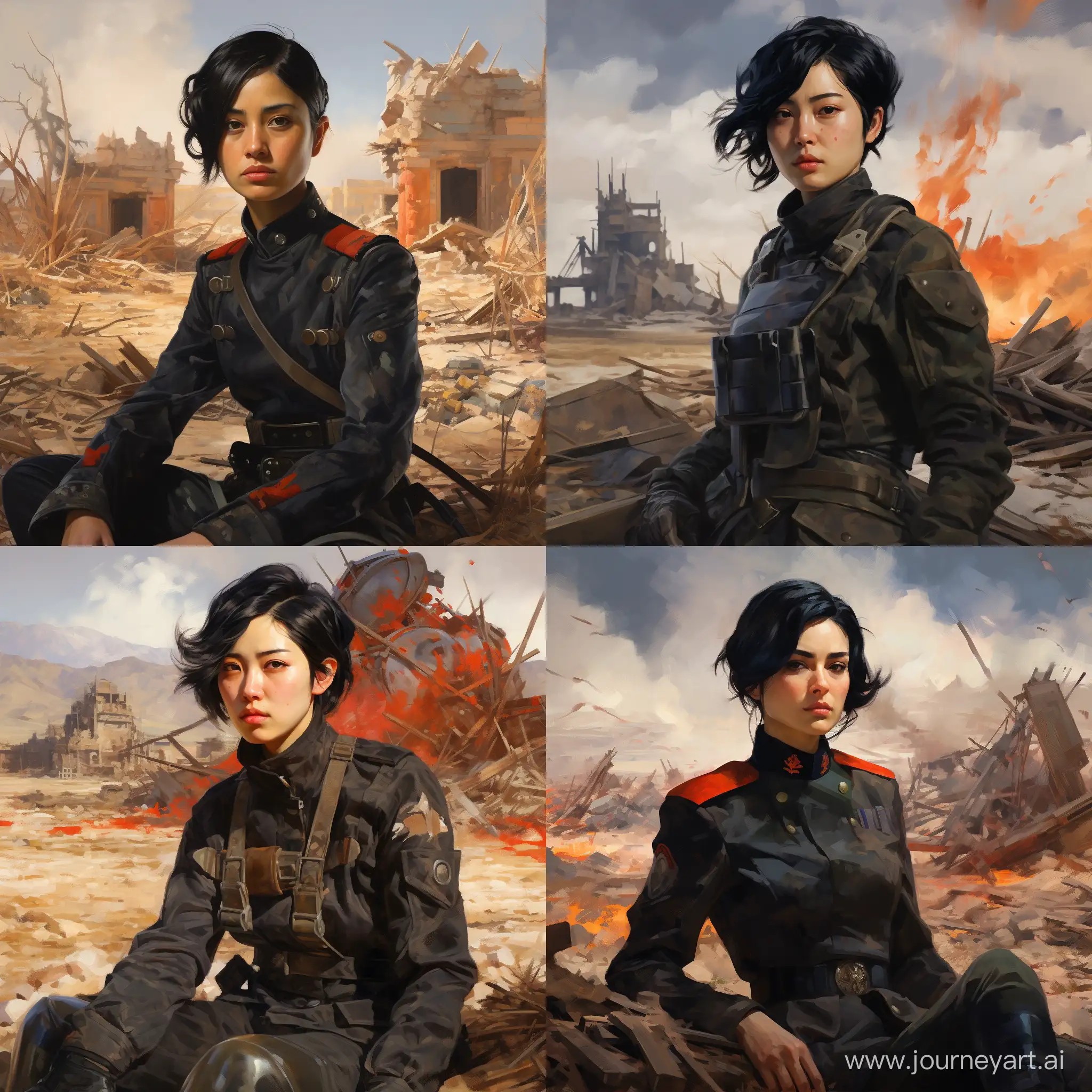painting, young Manchu woman with short black hair in a field military uniform and body armor from the 1930s against the backdrop of destroyed field fortifications and burning WWII tanks in the Asian steppe, artstation