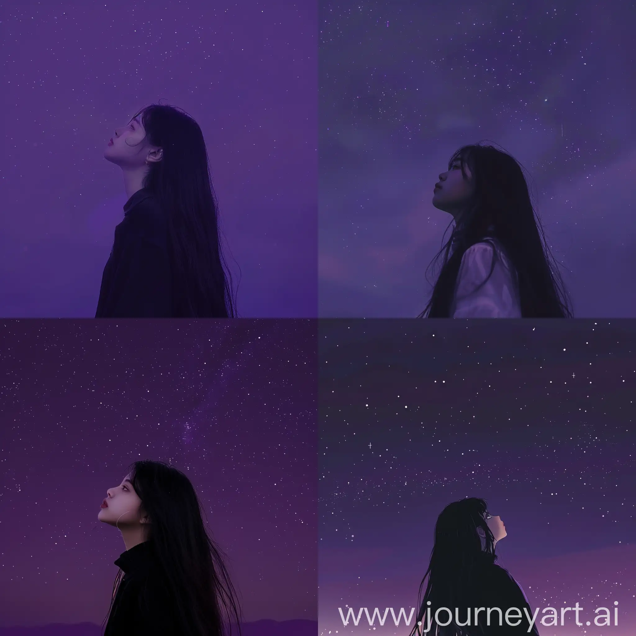 Aesthetic instagram picture, the sky at night, dark purple coloring, stars and no clouds, girl with long black hair facing away looking up, dynamic angle