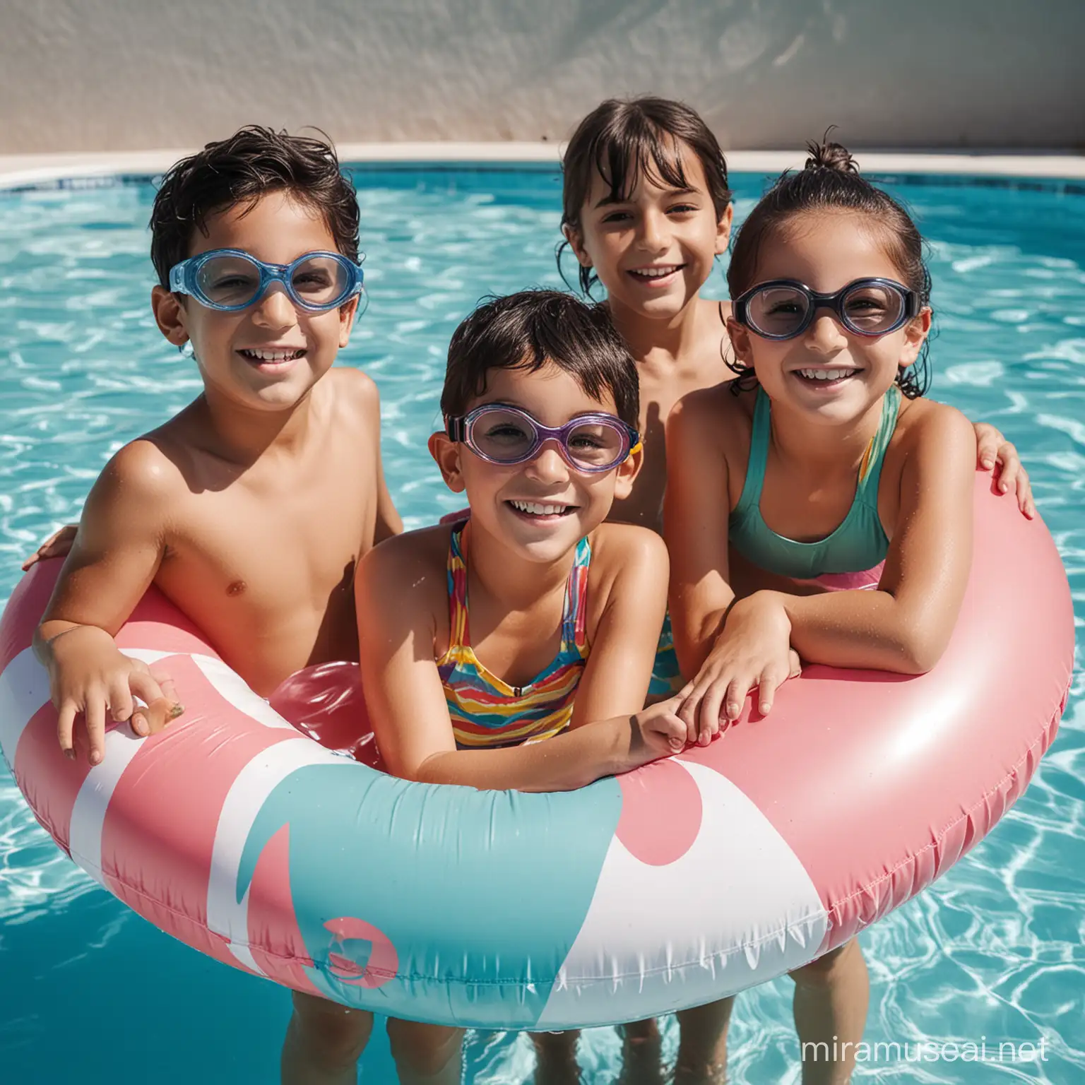Three Joyful Kids in Swimsuits and Goggles with Inflatable Rings