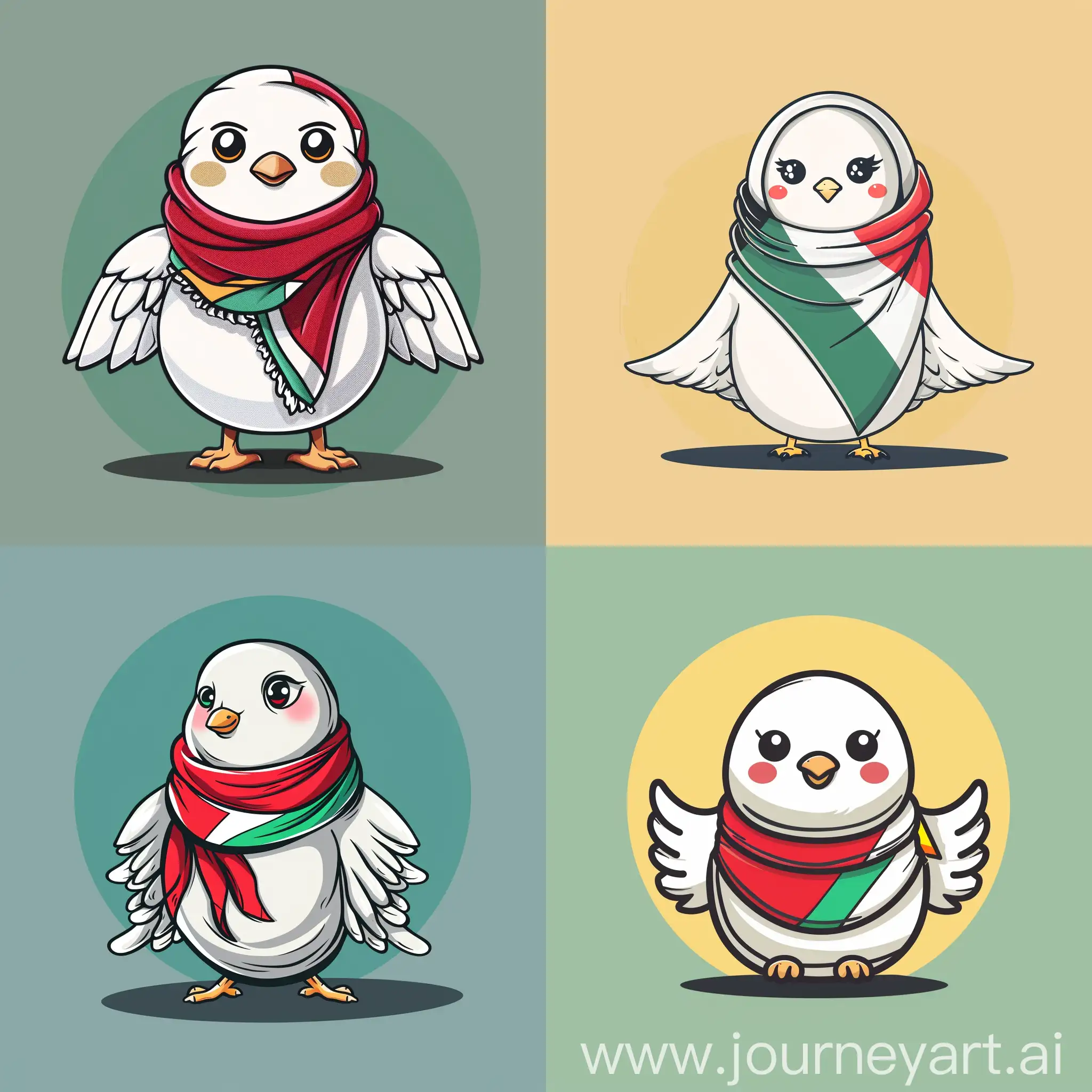 White dove mascot wearing a Palestinian scarf or flag for a meme coin to generate aid for gaza