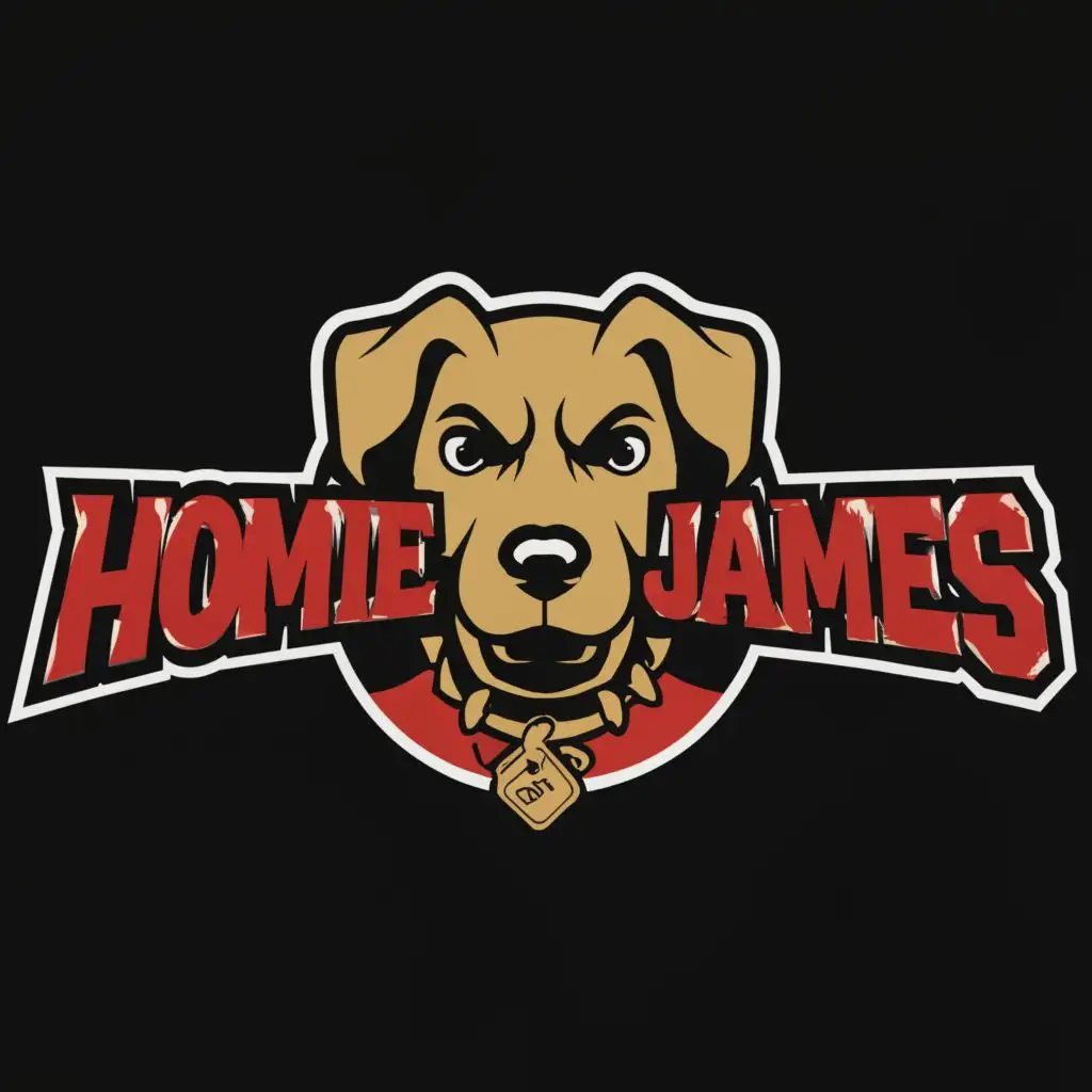 a logo design,with the text "thug dog head with gold chain, and dog with homie james name tag, slogan etched red2die", main symbol:dog with gold chain,Minimalistic,be used in Entertainment industry,clear background