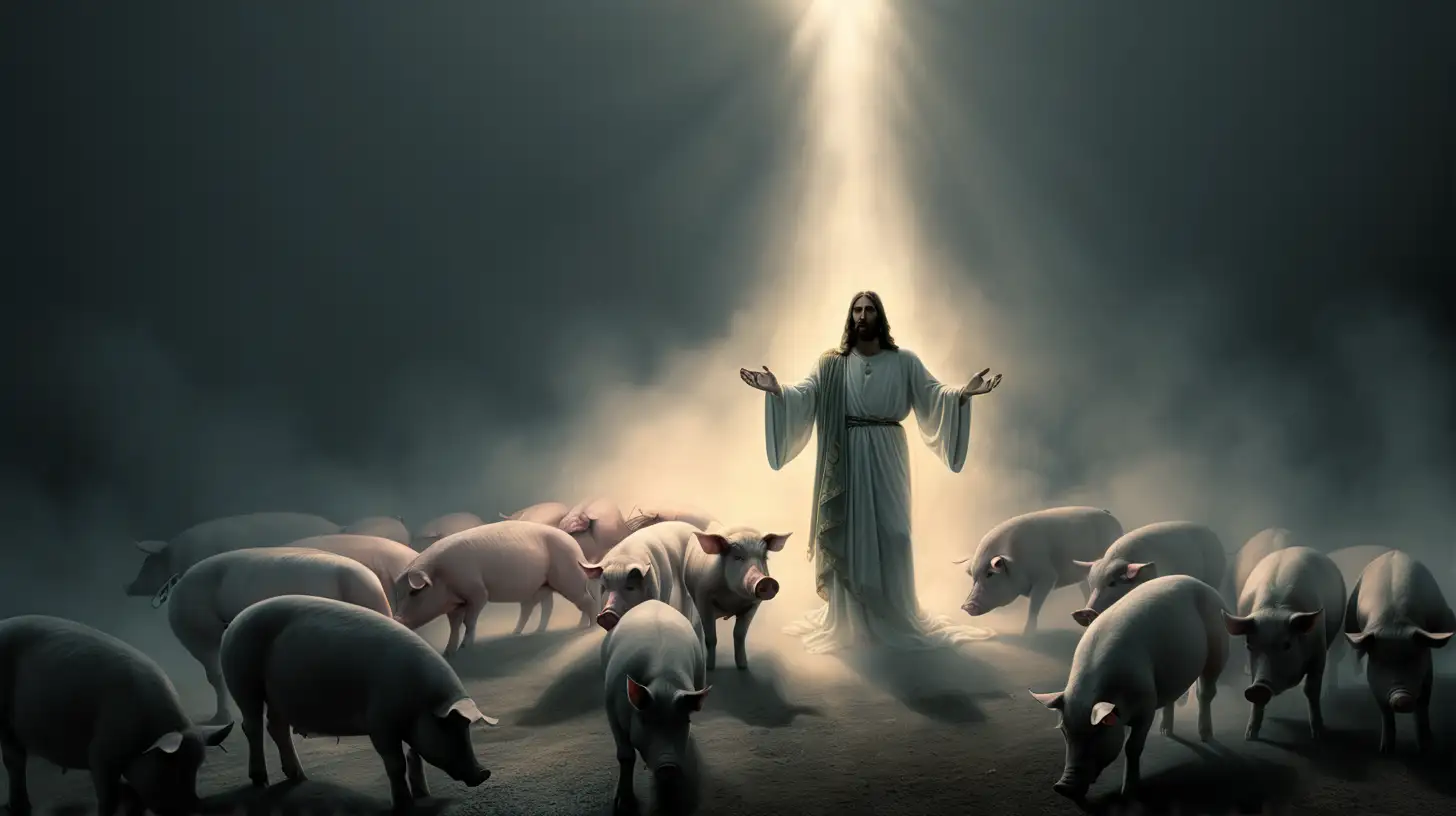 Create a haunting scene of spiritual confrontation: Depict Jesus standing amidst a divine, radiant light against the darkest background, as ethereal, fog-covered demons kneel before him, pleading to be cast into a herd of pigs. Ensure the demons are portrayed in a foggy, otherworldly style, evoking a sense of eerie mystique and supernatural power.