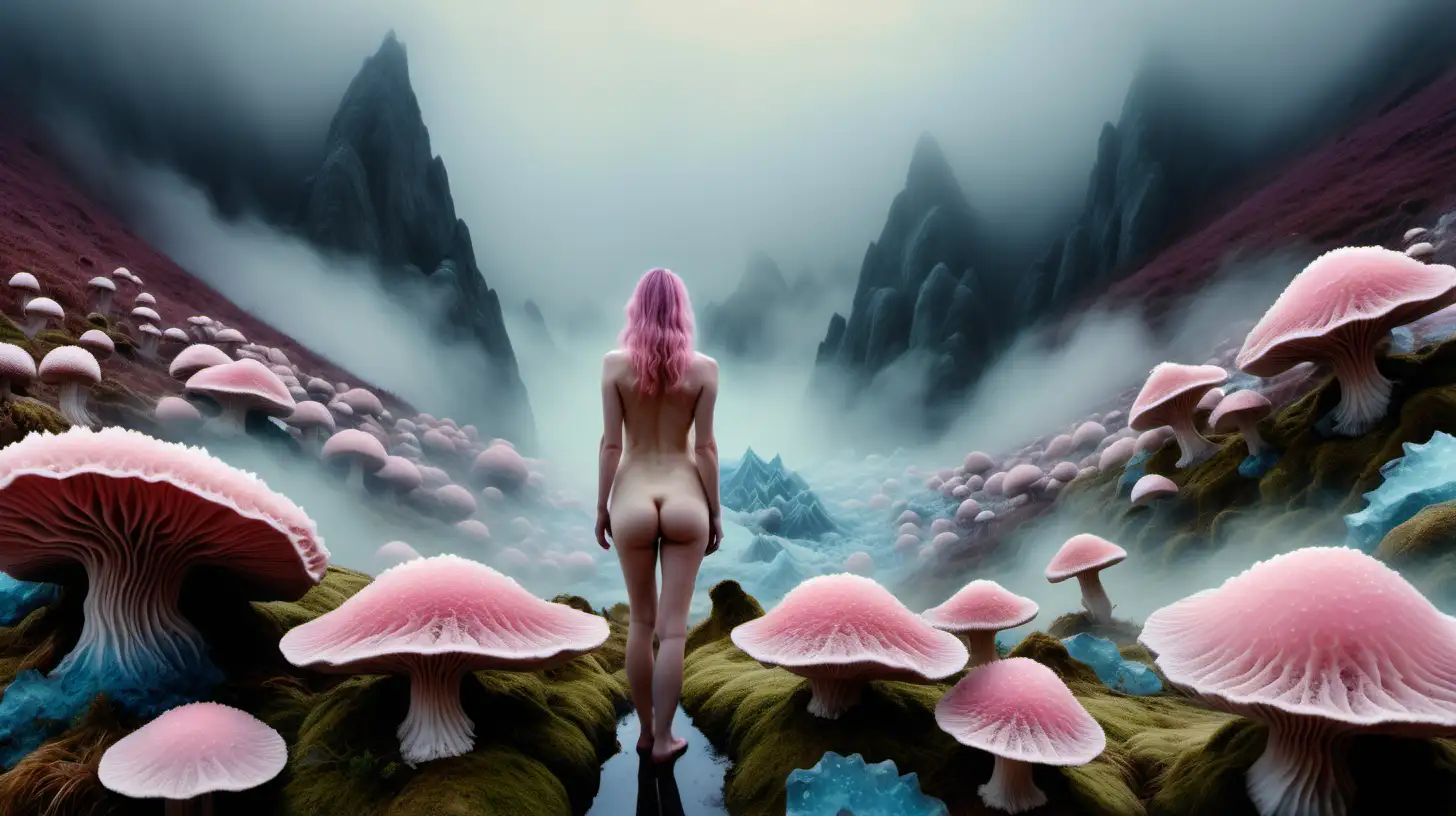 Psychedelic mountainous landscape, large crystalline pink and bluish minerals, nude woman in center, Moss, foggy mist, icy striated mushrooms, taken with DSLR camera, vast, realistic lighting