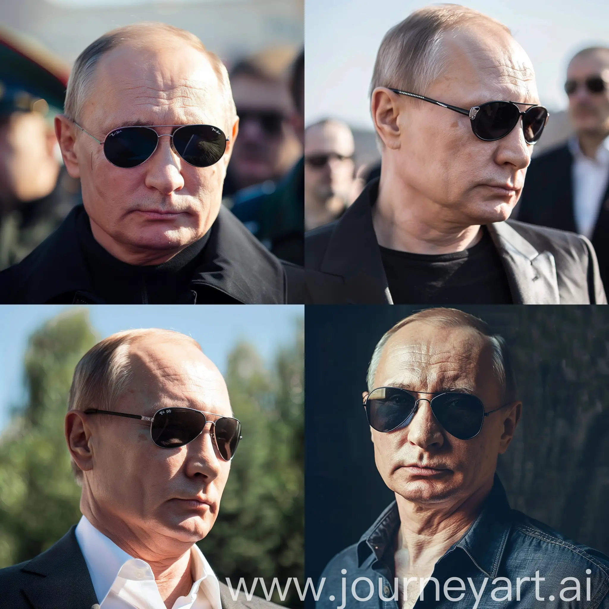 bald headed Putin with black slim sunnies