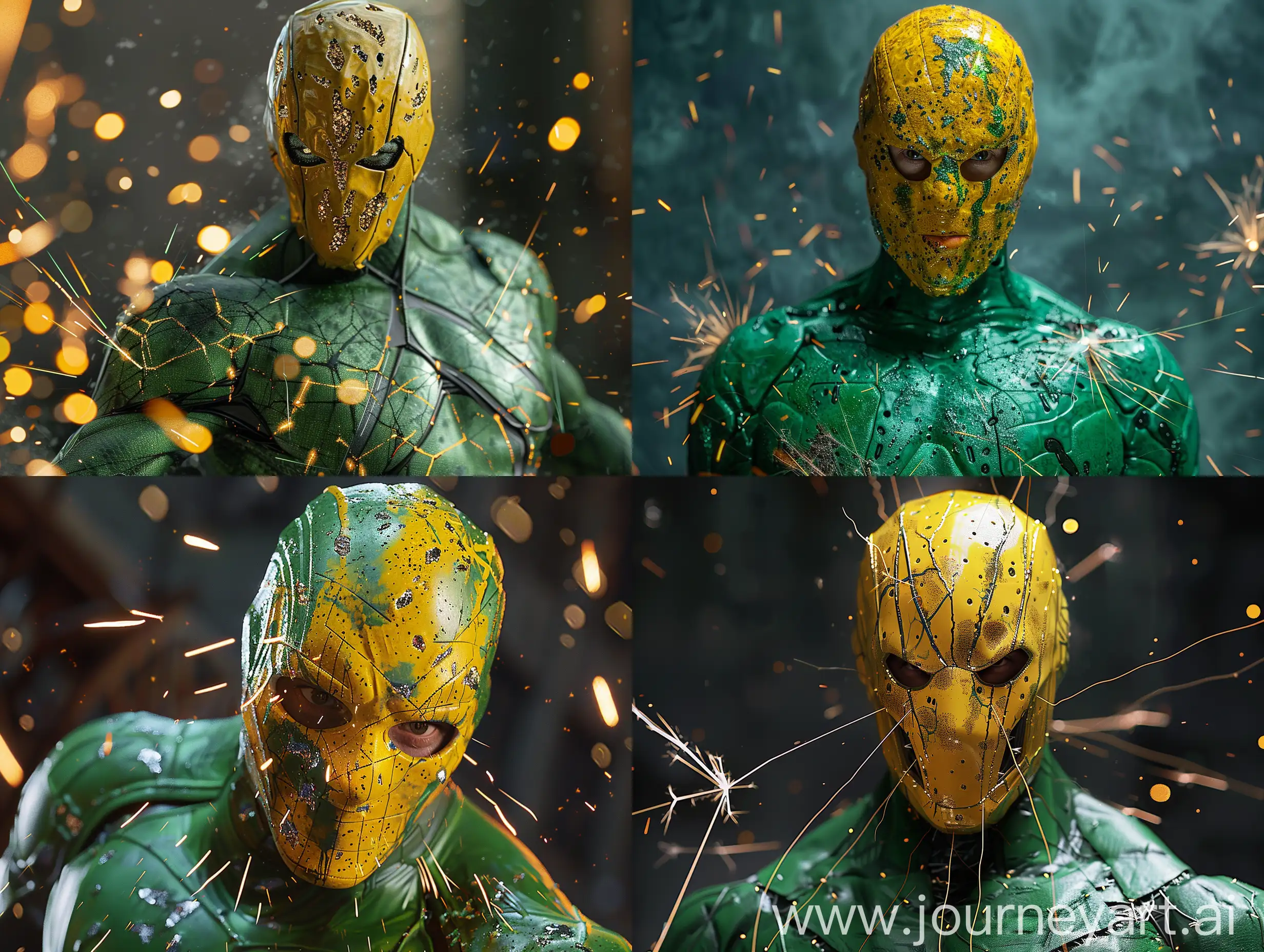 Electro from Marvel comics, green costume with sparks paintins, yellow mask, realistic, detailed, shot from film, photorealistic, movie reference 