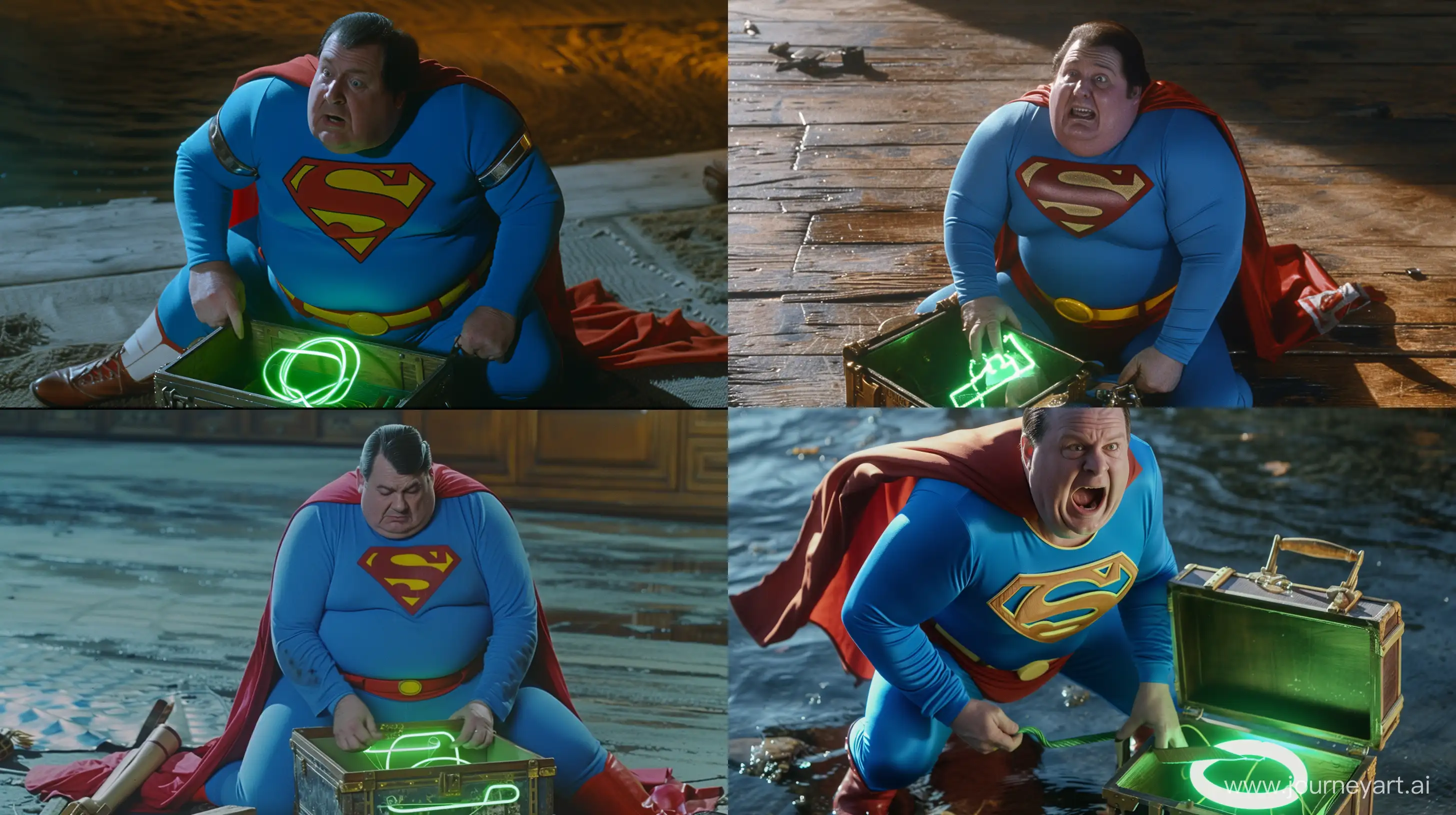Close-up photo of an afraid fat man aged 60 wearing a tight blue 1978 smooth superman costume. Blue shirt. Blue pants. Red boots. Red Trunks. Yellow Belt. Red cape. He is opening a chest on the floor containing a green glowing neon dog collar. River. Natural Light. --style raw --ar 16:9