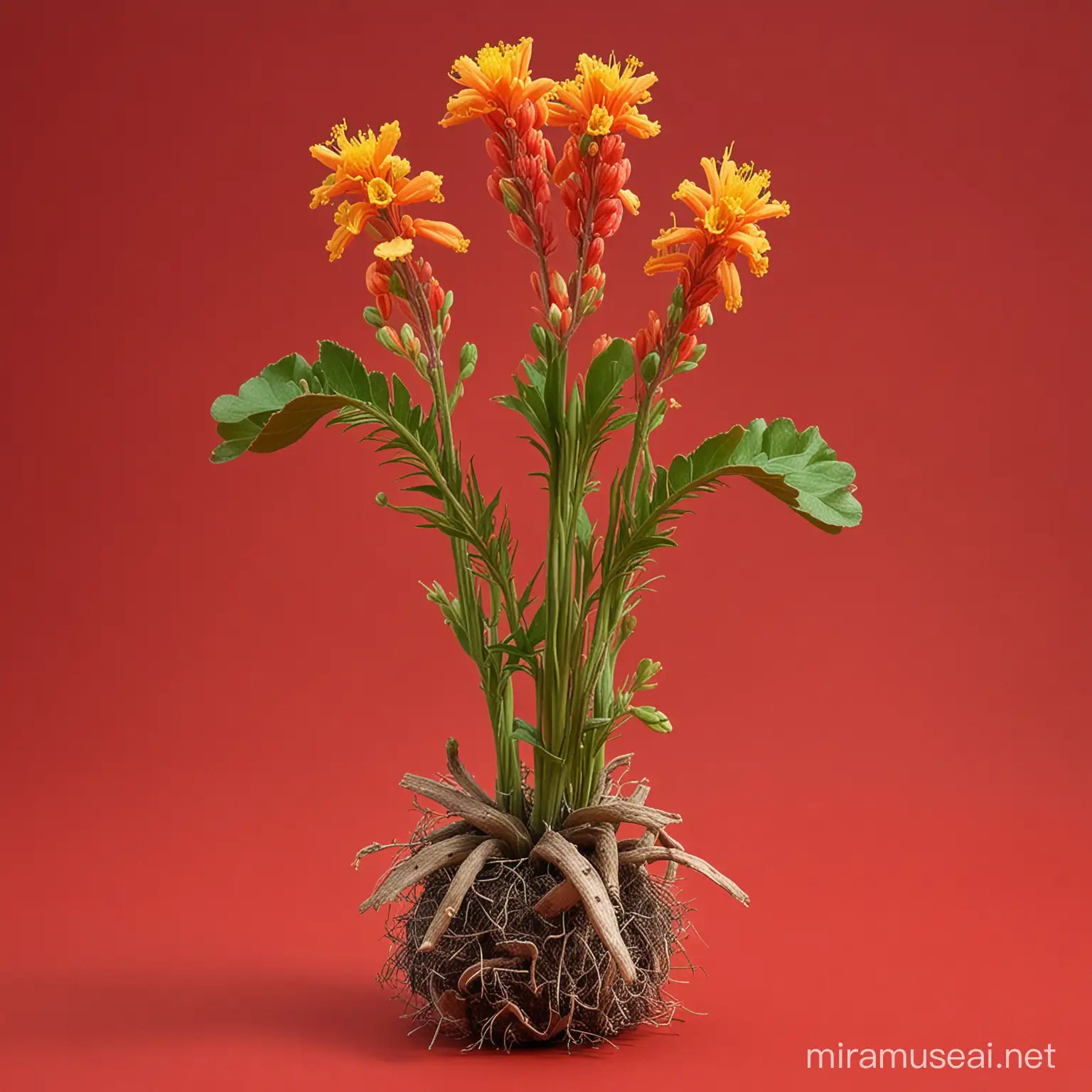 generate Bitterroot plant with flowers on red color #ED0000 background