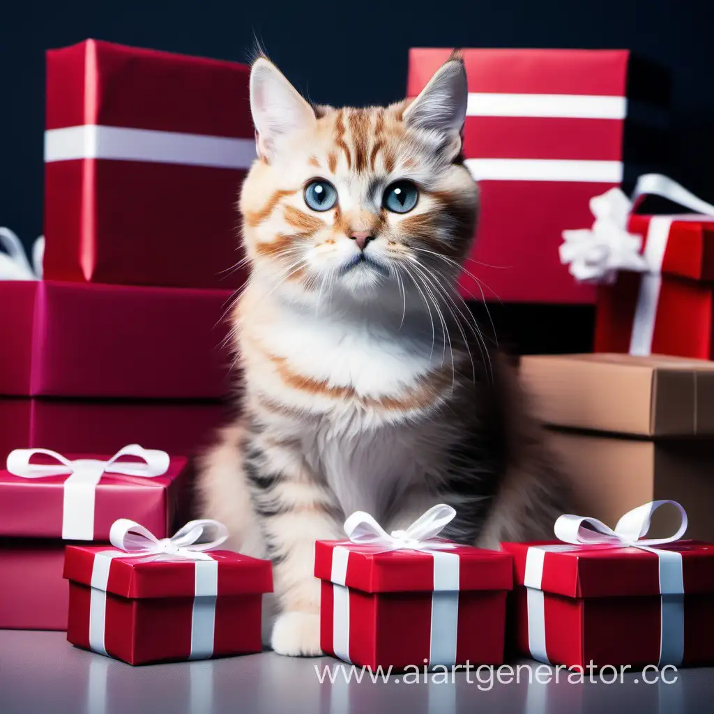 милая кошка в реальной жизни с выразительными глаами дарит подарки