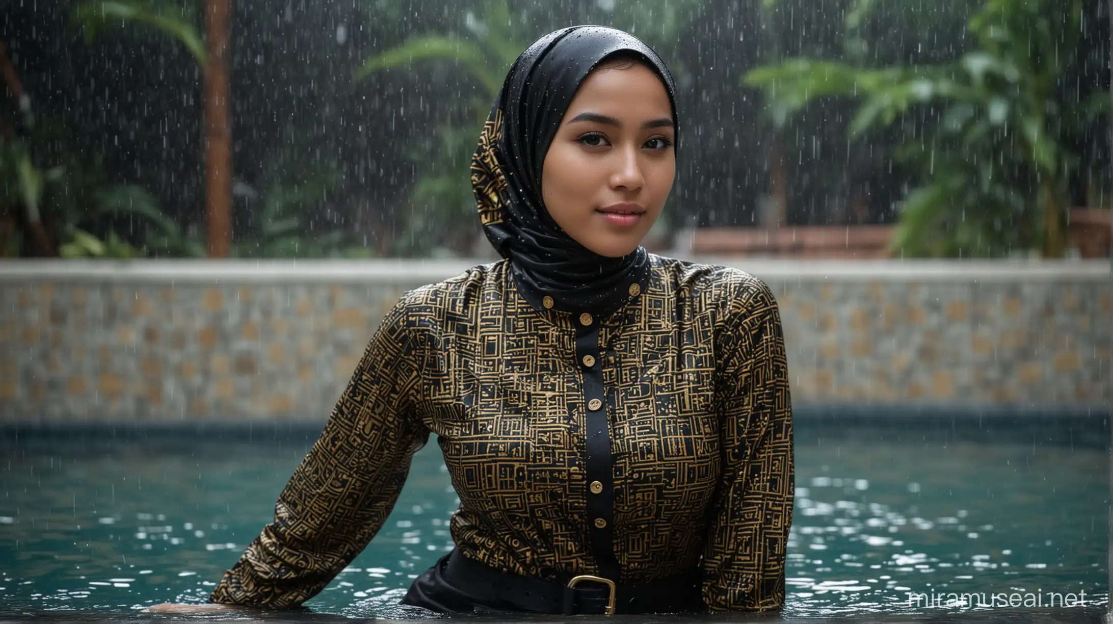 18 years old woman, indonesian, makeup, tight fit long sleeves buttoned black-gold geometric print shirt, black long pants with belt, hijab, heavy downpour rain, in the swimming pool, dripping wet, poolside, smirk, at night, low light, close-up portrait