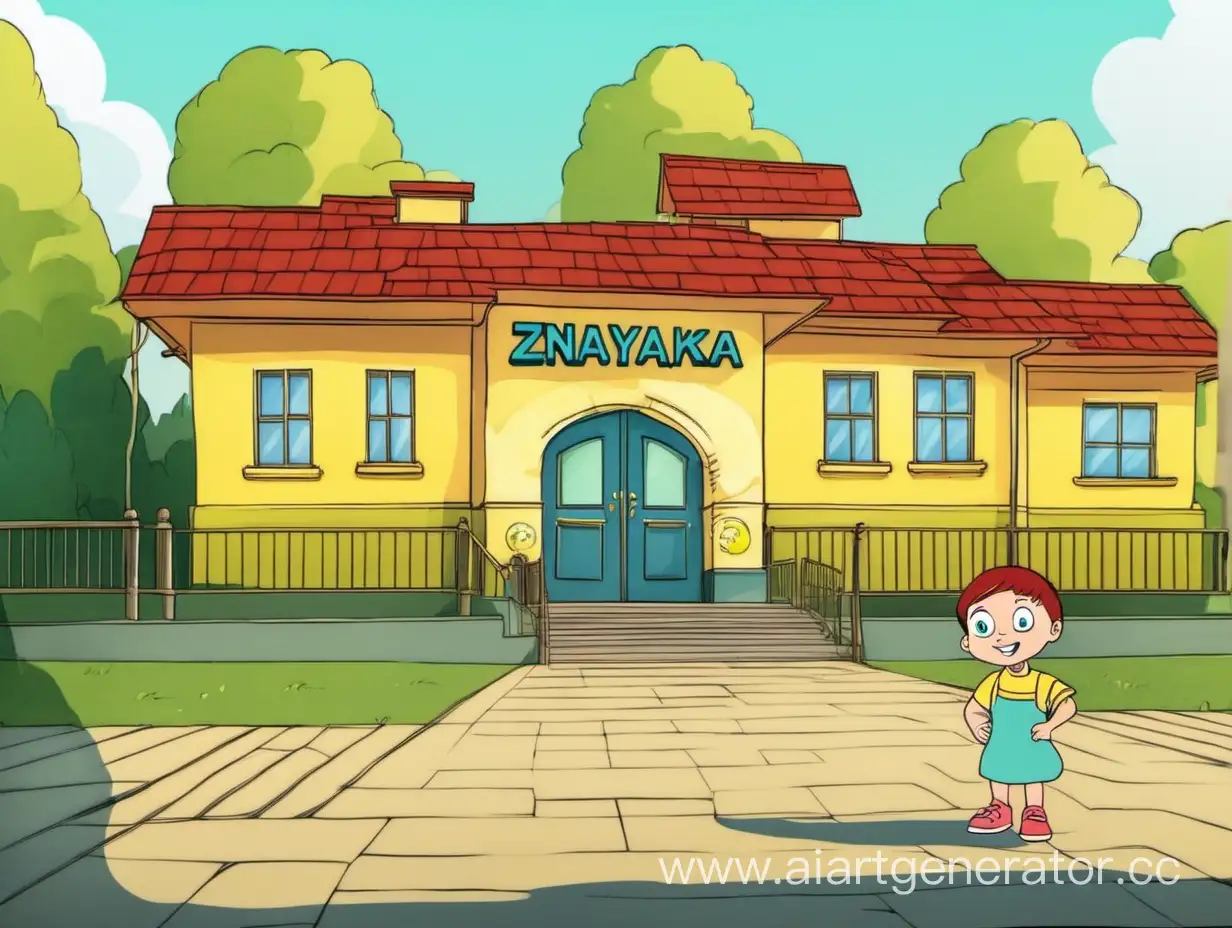 знайка из мультфильма про незнайку, стоит рядом с детским садом 
