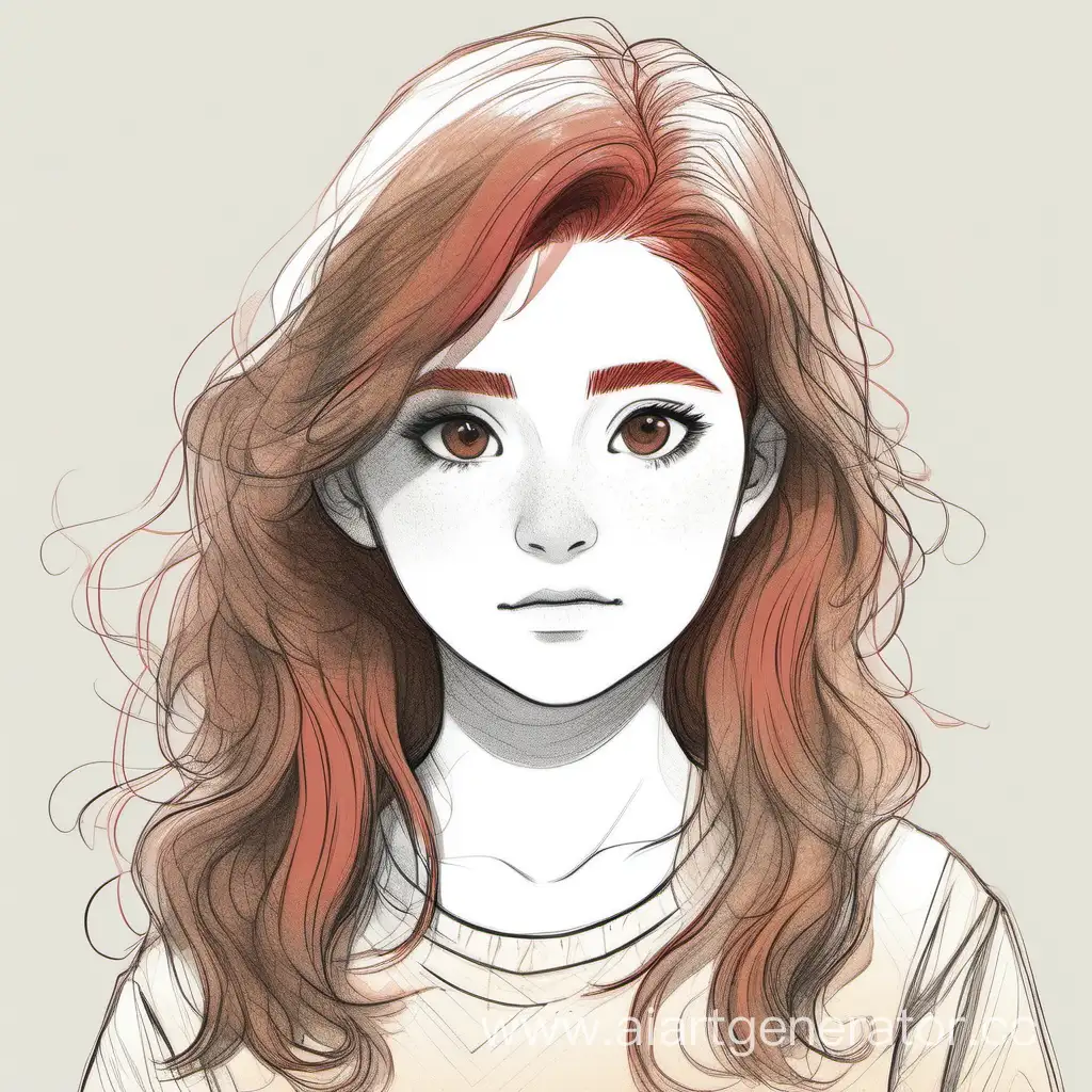 рыжая девушка с коричневыми бровями, карими глазами, волосами до плеч, рисунок