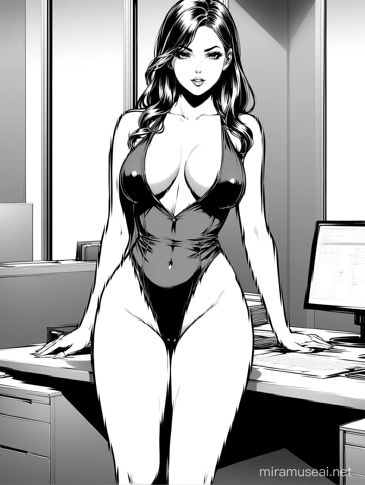 A black and white coloring page of a Seductive Office Girl wearing a revealing outfit, in a sexy pose in office room