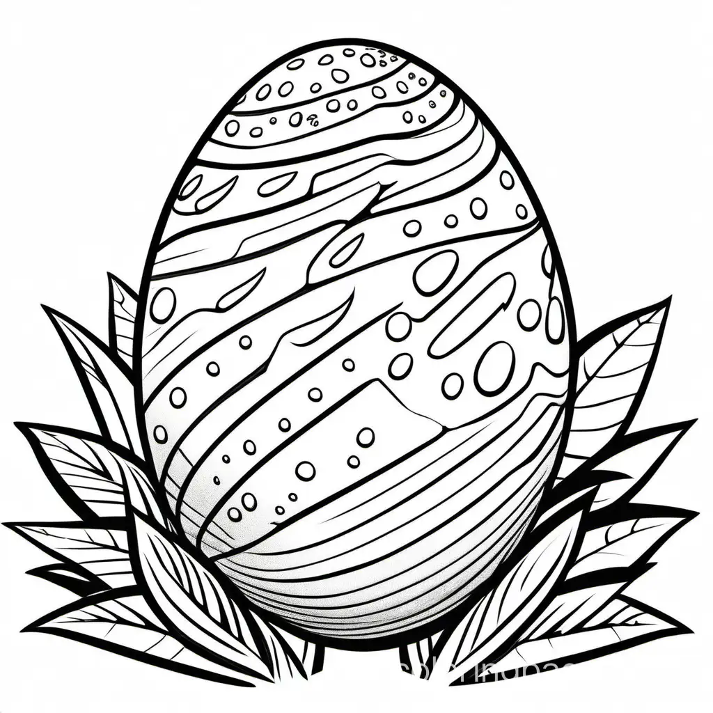 Dinosaur egg, Coloring Page, black and white, line art, white background, Simplicity, Ample White Space. The background of the coloring page is plain white to make it easy for young children to color within the lines. The outlines of all the subjects are easy to distinguish, making it simple for kids to color without too much difficulty