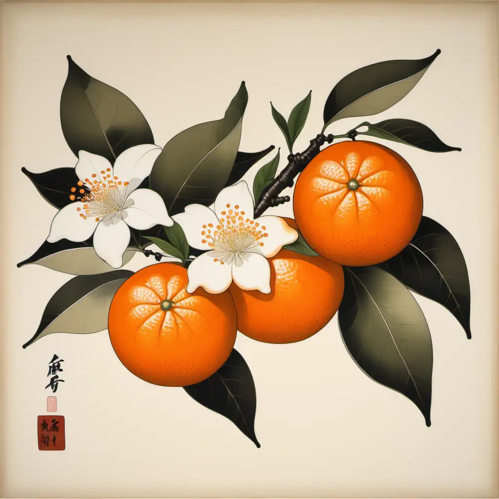 japanese style painting of plump tangerines and orange blossom flowers on a branch
