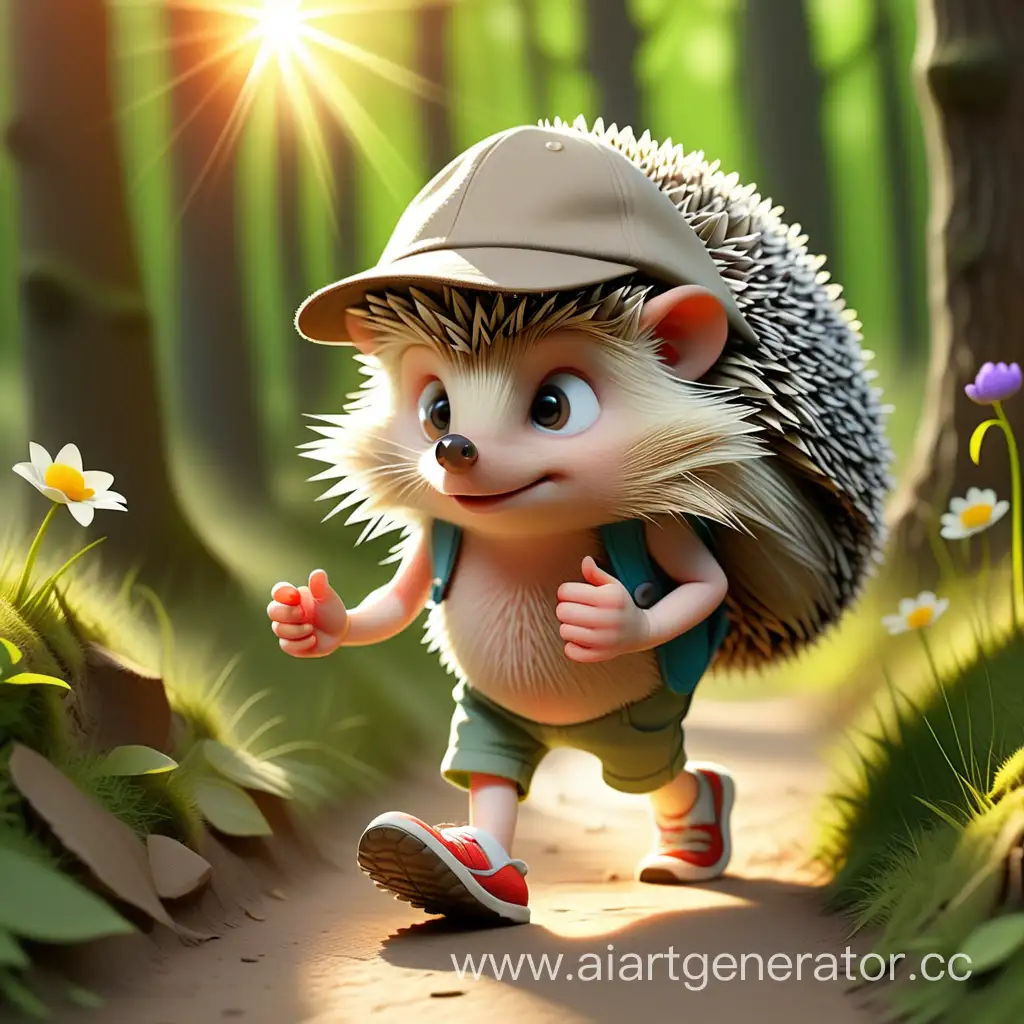 Spring, the bright sun is shining, the forest, the hedgehog in shorts and a hat woke up and is walking along the path