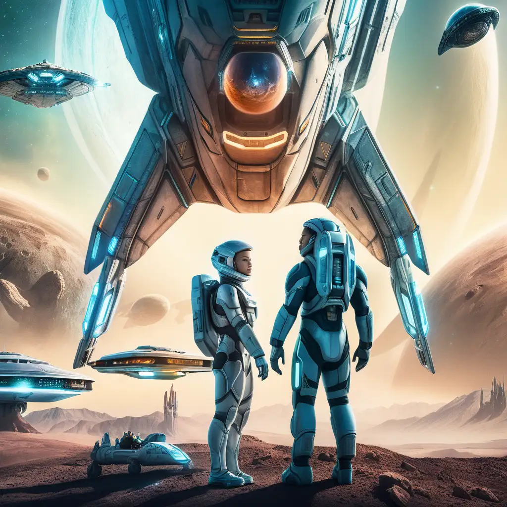 modern sci fi movie poster with two characters, spaceship