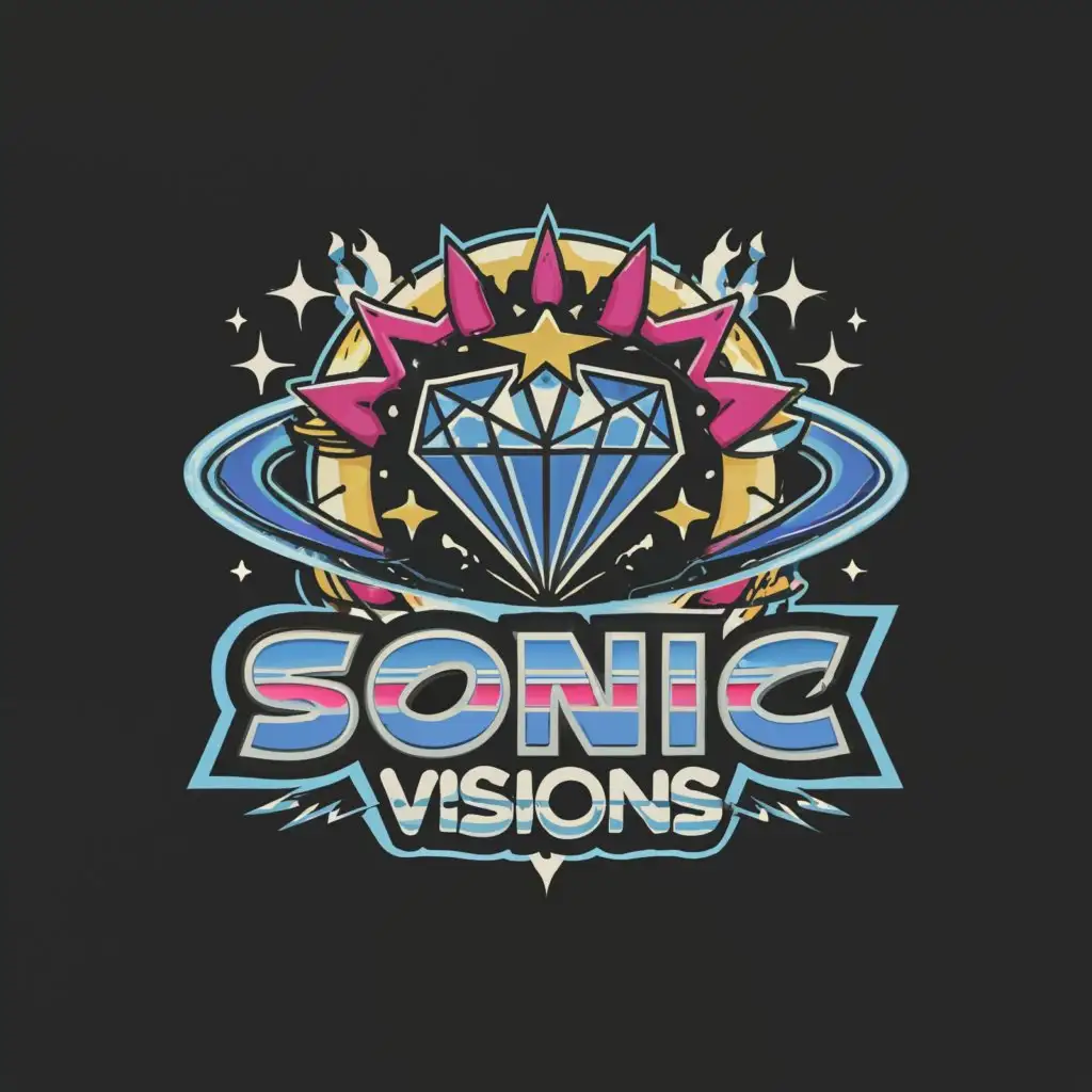 a logo design, with the text 'Sonic Visions', main symbol: star inside black hole and fractured diamond heart, psychedelic, sonic the hedgehog font, complex, to be used in Entertainment industry, transparent background