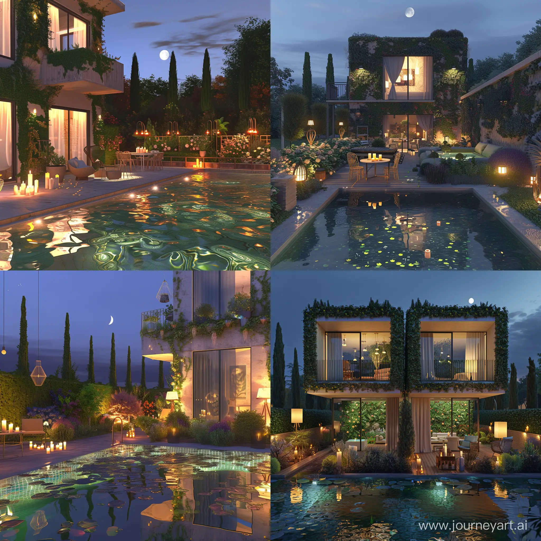 Original racourse a two-stage modern house at night with a practical modern ivy on the walls. backyard, with a botanical garden and a little swimming pool. near the pool there is a little table with candles and chairs. in the background there is a beautiful fence with cypresses and flower beds. the pool has beautiful clear water with reflections and with the backlight. there are a lot of desighned lamps around. beautiful sky with a moon. 8k, rtx, unreal engine 5 render, smooth details