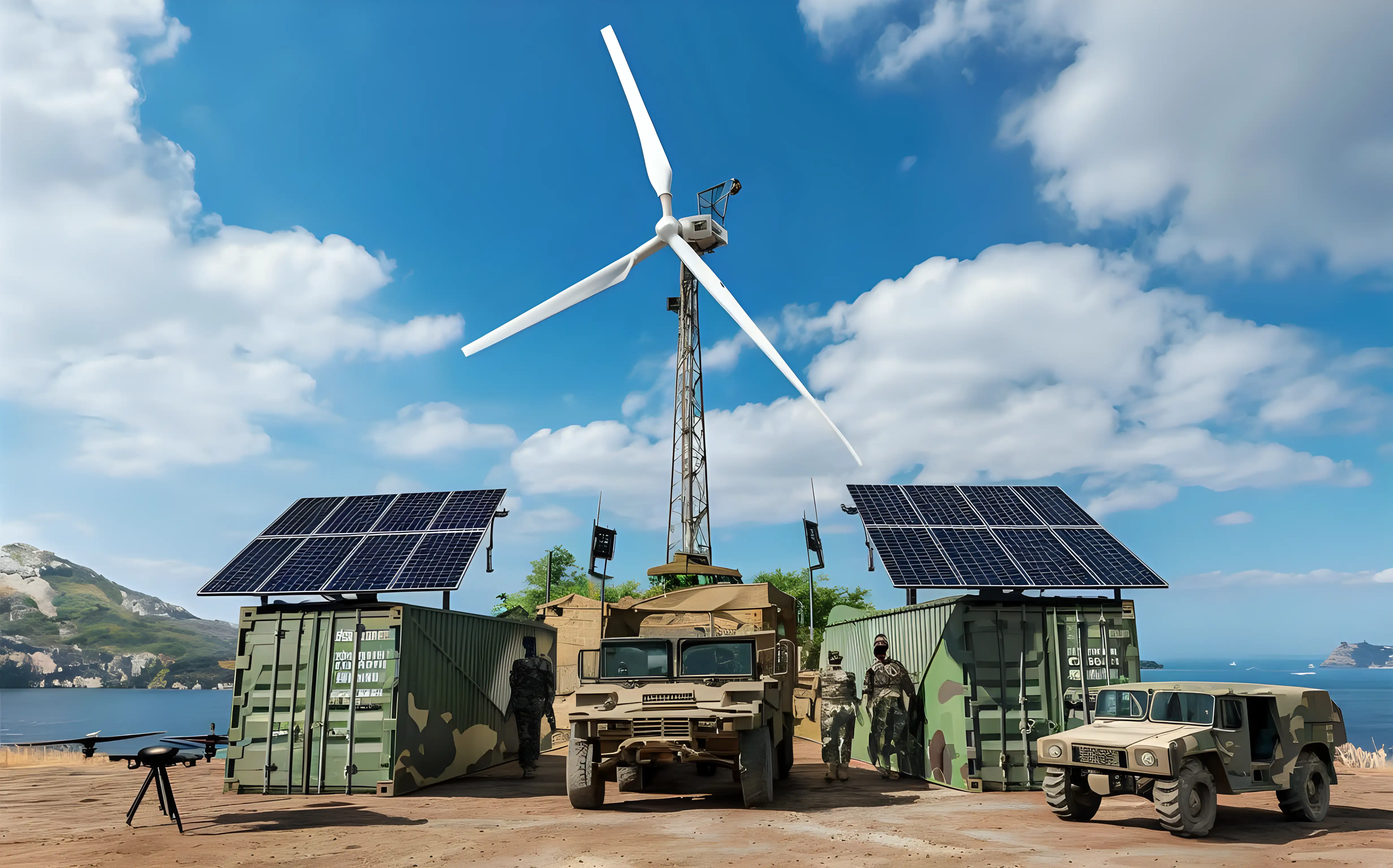 A military outpost at a Greek island equipped with a medium sized 3 bladed HAWT wind turbine and 2 shipping containers in camo paint with solar panels on their roofs. Next to them a drone and a humvee and a few soldiers 