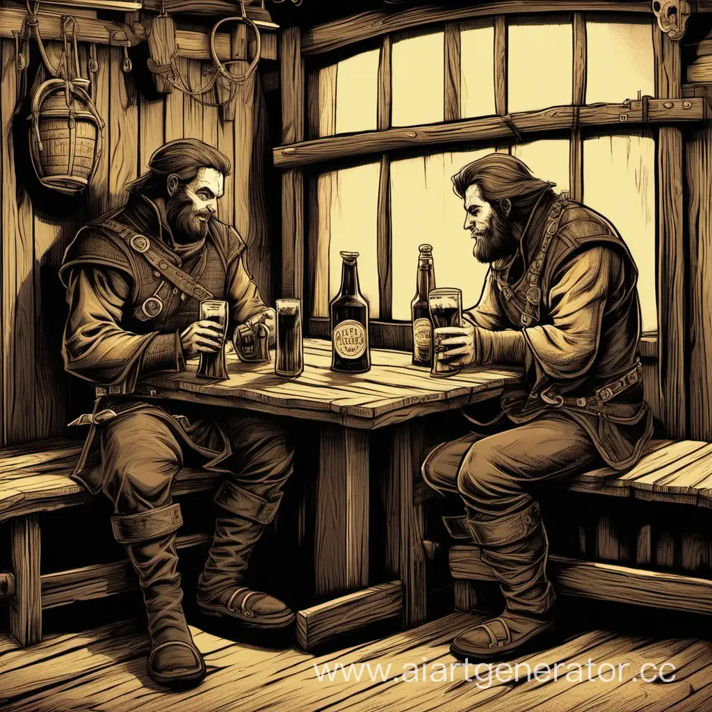 Два парня сидящие в углу таверны. Иллюстрация.