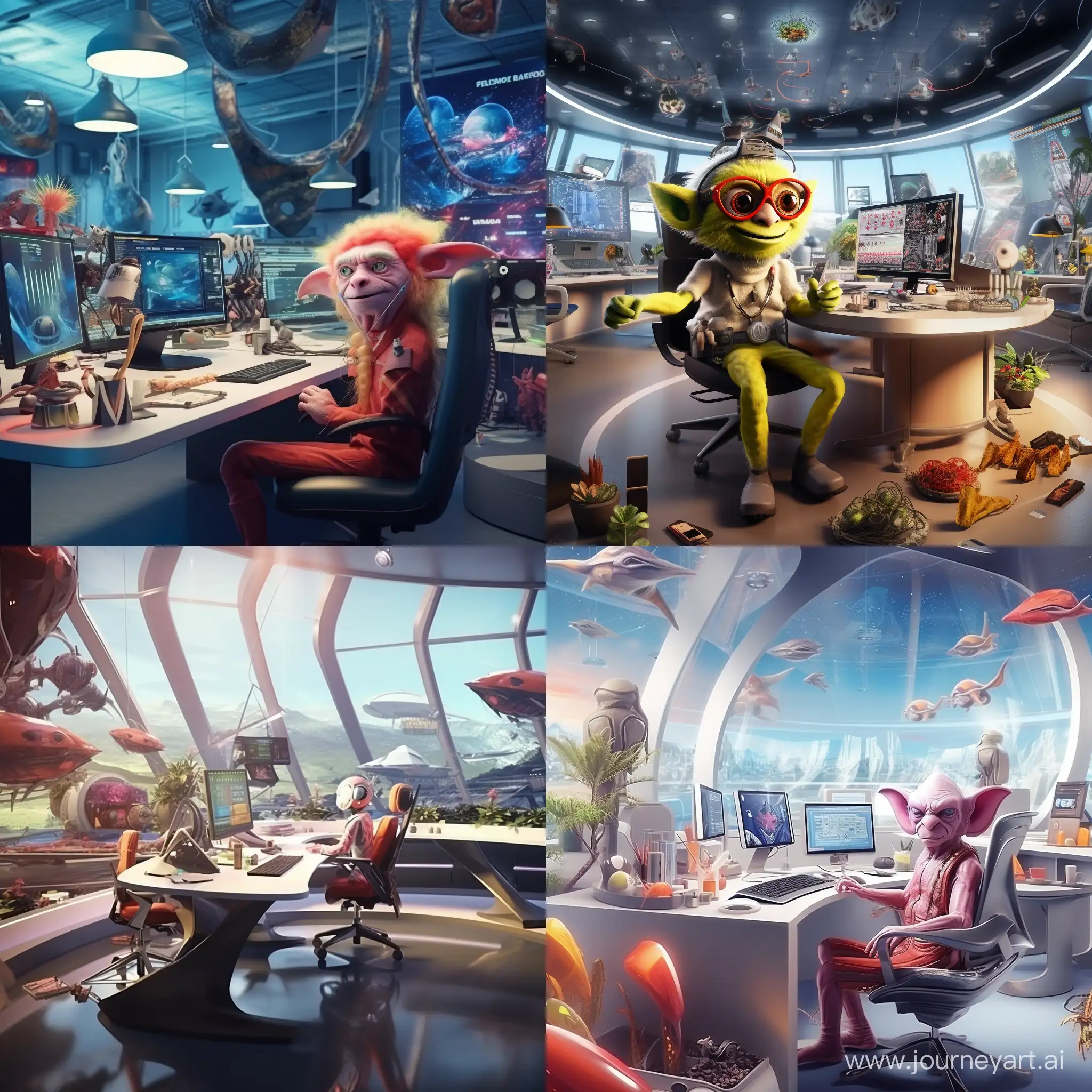 interior futuristic office with a crazy scandinavian goblin nisse that is playing the flute and dancing on the table there is a lot of computers, spaceship controls and colorful computermonitors in the office